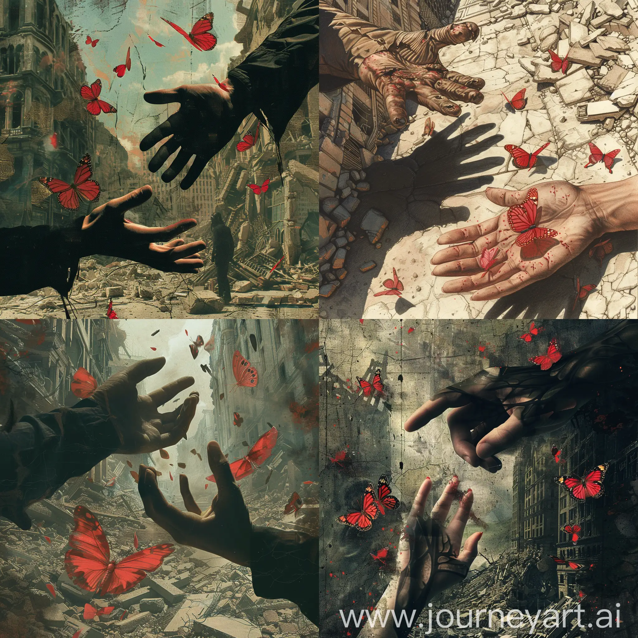 На фоне разрушенного города две руки тянутся друг к другу. Мужскую руку обвивают тени, а вокруг женской руки порхают алые бабочки.