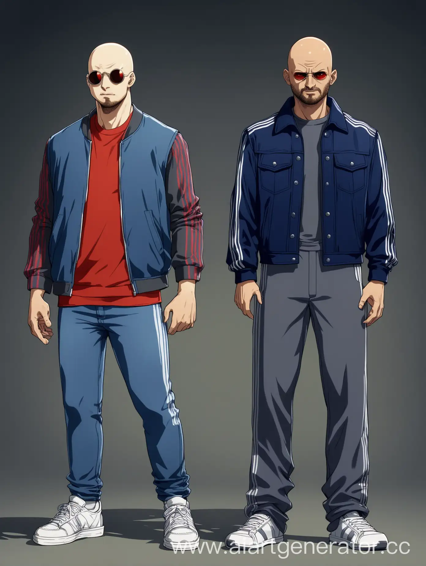 На картинке стоят два персонажа бок о бок. Выглядят они примерно одинаково: одеты в джинсовую куртку с темно-серыми рукавами, спортивные штаны с полосками и белых кроссовках. Отличаются они лишь тем, что у персонажа слева куртка фиолетовая, а у персонажа справа красная. Рукава у обоих темно-серые. Они оба лысые и легкой небритостью. На глазах кругловатые солнцезащитные очки. Выражения лица злое. Поза в готовности к атаке. В руках у одного пистолет, а у второго нож бабочка.
