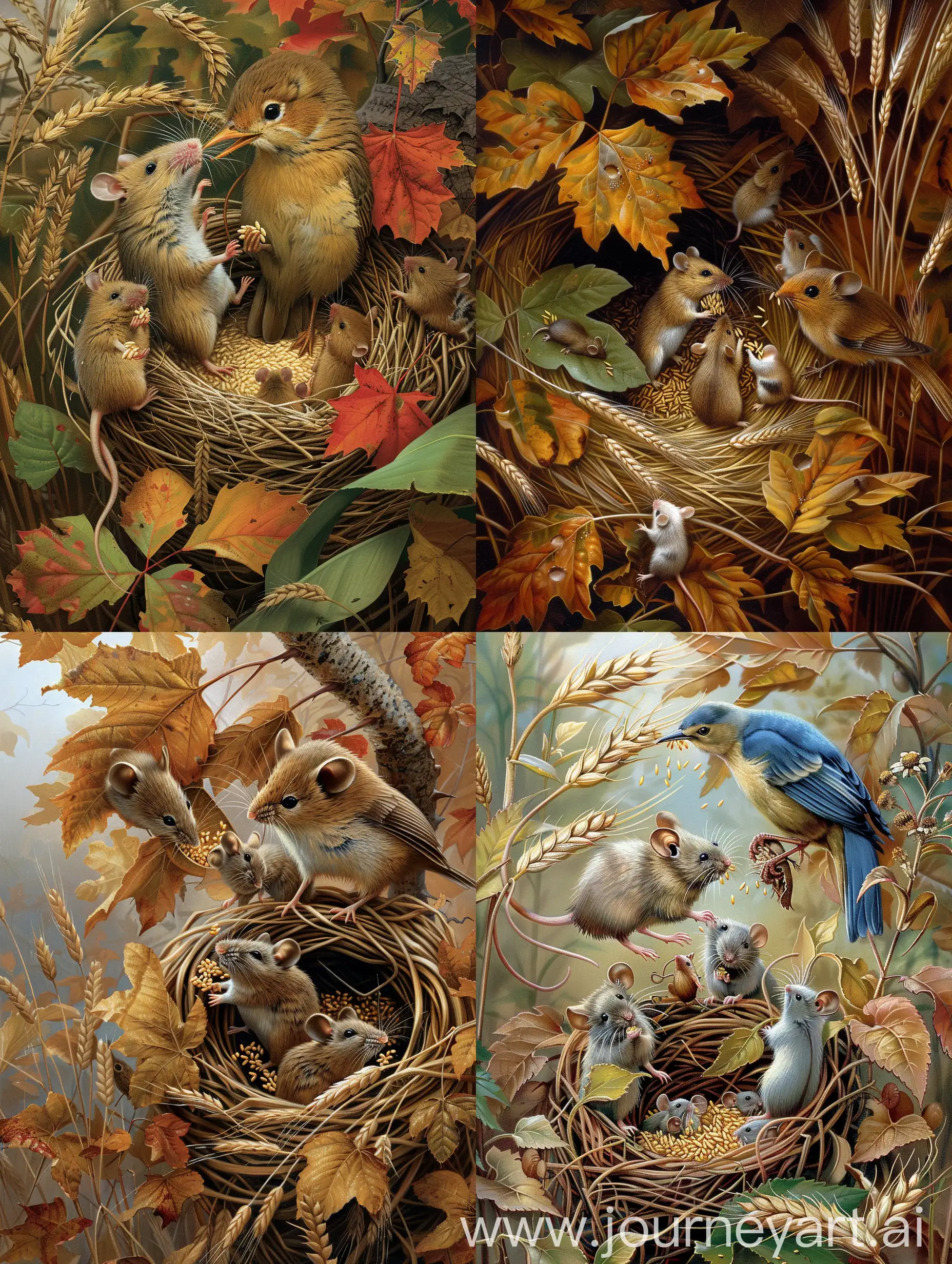 Surrealistic art depicting mice, small rodents, birds, wheat, leaves, wildflowers, mice eat grains of wheat, the bird feeds the chicks in the nest, all these images merge together in a surrealistic way