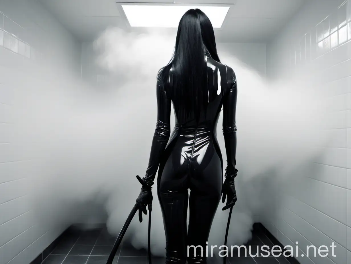 Mysterious Woman in Steamy Shower with Black Blood and Leather Suit