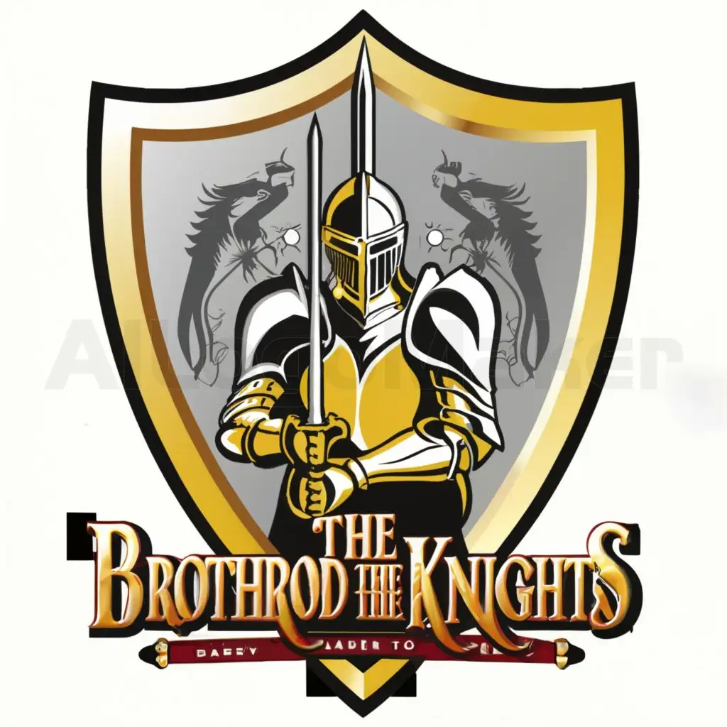 a logo design,with the text "The Brotherhood of The Knights", main symbol:medieval shield with a golden background symbolizing the nobility and honor of the brotherhood. In the center of the shield, there is a stylized figure of a knight with a raised sword, representing leadership and bravery. At his side, there are three smaller figures representing the main leaders of the brotherhood. At the top of the shield, the inscription "The Brotherhood of Knights" is written in an elegant and strong typography. At the bottom, the phrase "Protectors and Servants" is shown to highlight the purpose of the brotherhood.,Moderate,clear background