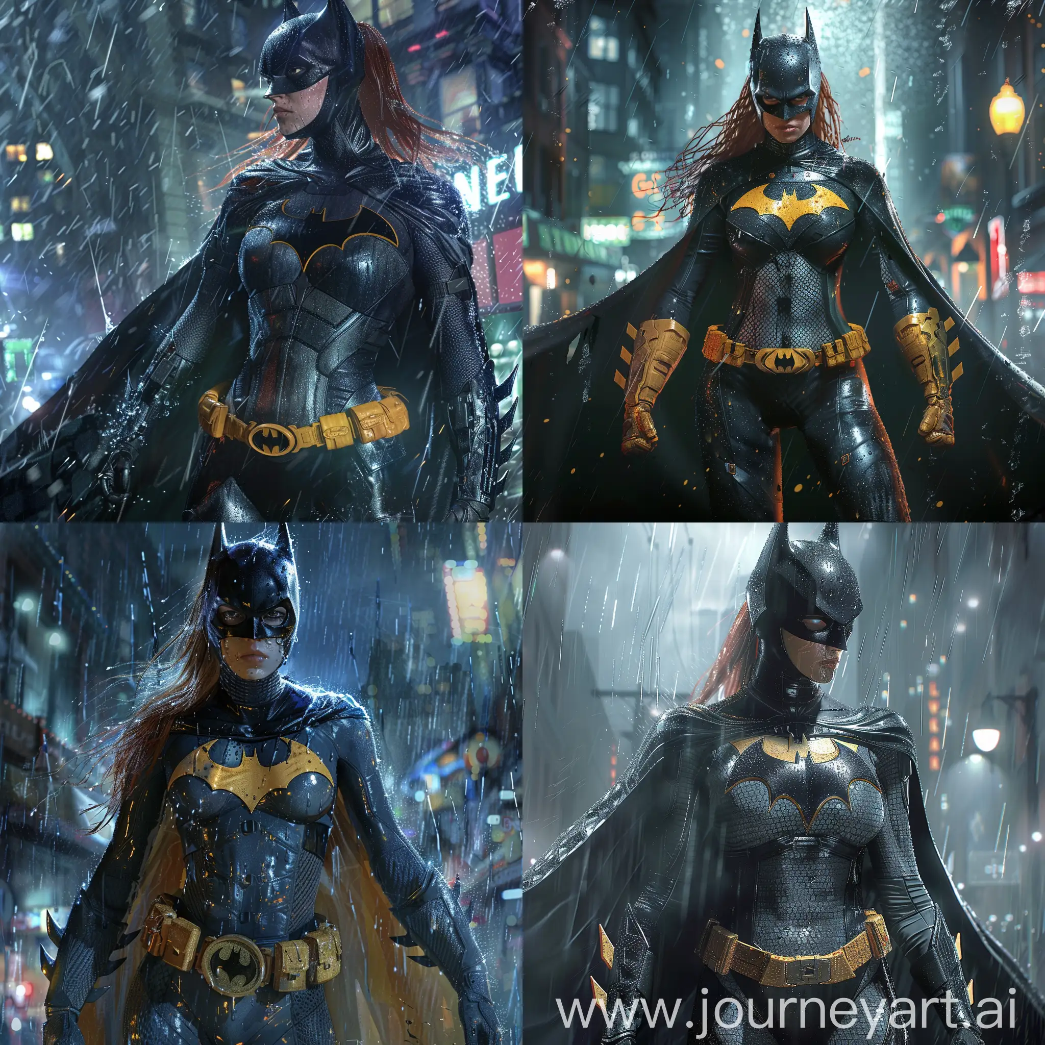Create a realistic depiction of Batgirl wearing her classic costume, but with detailed modifications. The costume should resemble a tactical combat suit, with a mesh-like texture. Ensure the portrayal captures Batgirl's iconic features, including her cape, utility belt, and bat-symbol emblem. Place Batgirl in the city of Gotham, on a rainy night, with the rain wetting her costume. Depict her in full-body view, ready for action, and deliver the artwork wCreate a realistic depiction of Batgirl wearing her classic costume, but with detailed modifications. The costume should resemble a tactical combat suit, with a mesh-like texture. Ensure the portrayal captures Batgirl's iconic features, including her cape, utility belt, and bat-symbol emblem. Place Batgirl in the city of Gotham, on a rainy night, with the rain wetting her costume. Depict her in full-body view, ready for action, and deliver the artwork with realistic quality in 8K resolution."ith realistic quality in 8K resolution."