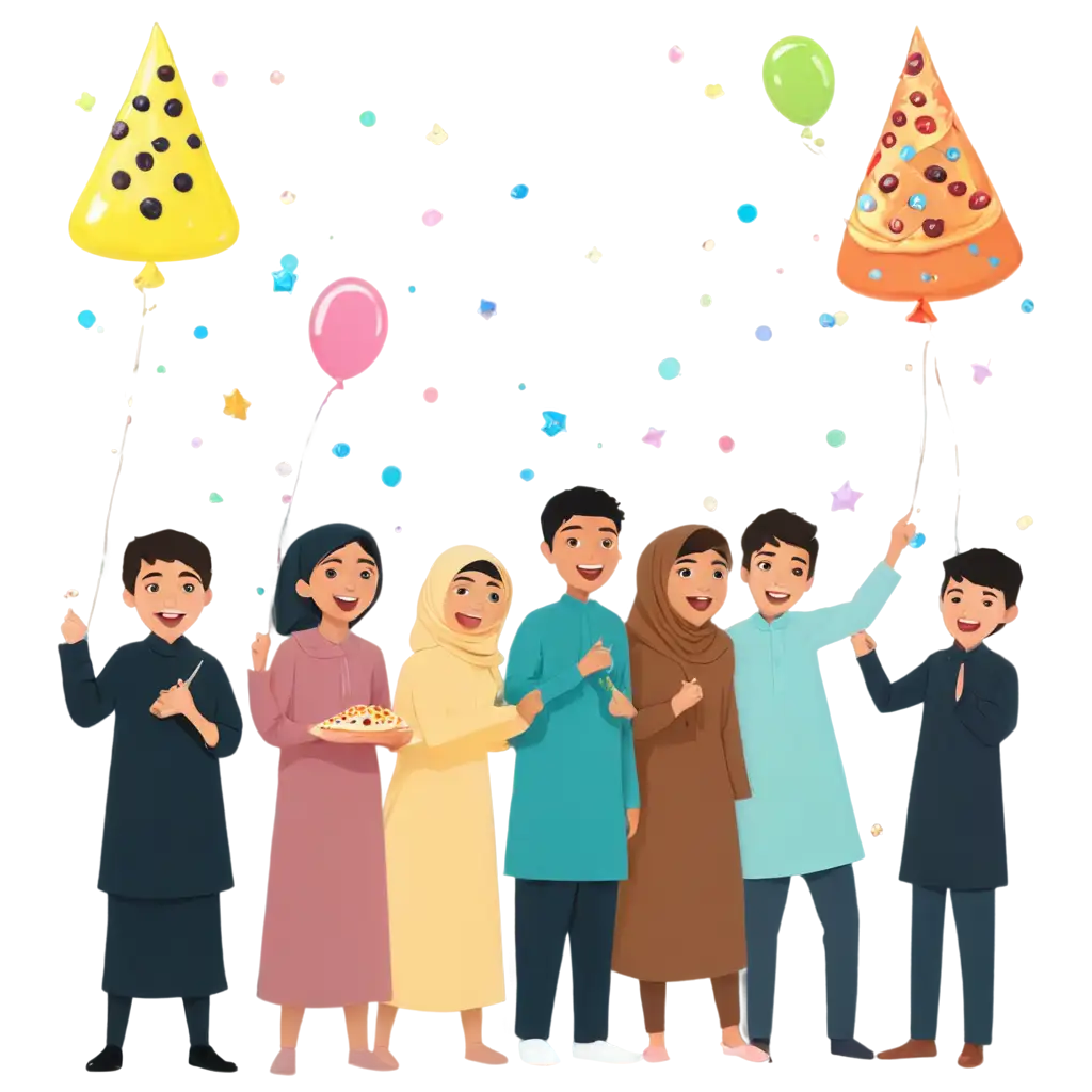 generate a vector School Eid  party image. Confetti and six string of triangle ribbons are on the walls . Balloon is hanging in the class. The  8 boys wearing Kurta and trouser and 6 girls wearing long Abaya with hijab. few children sitting and the few other playing and  holding balloon and eating pizza. 