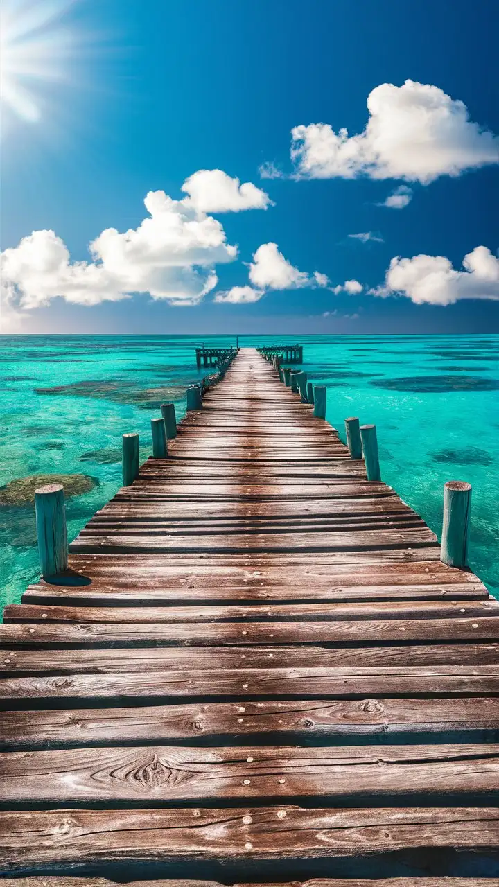 Serene Wooden Pier Extending into Turquoise Sea under Clear Blue Sky