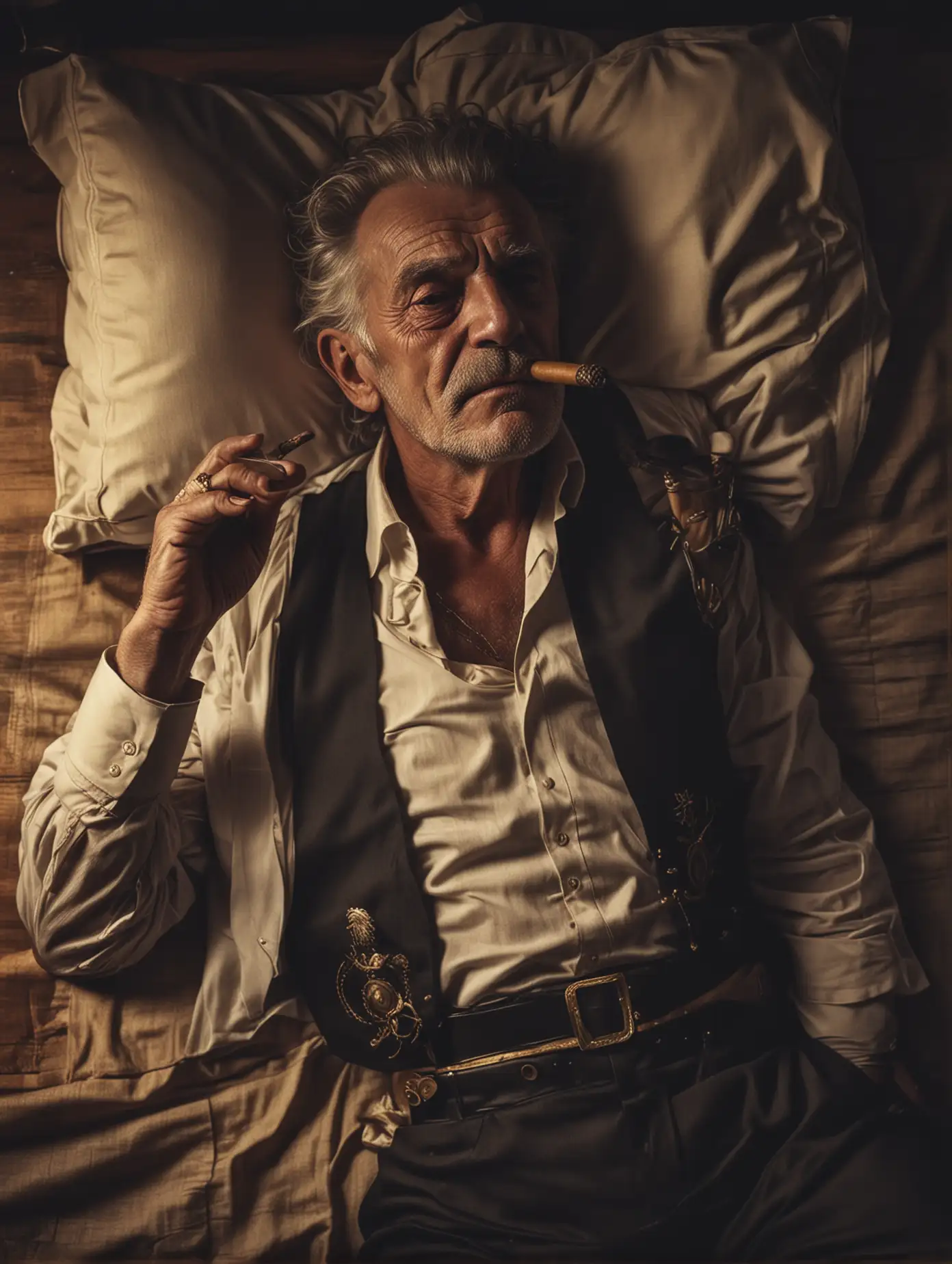 Very old sexy man with cigar, sexy, glass of rum, on bed, lying on side, dim light, realistic