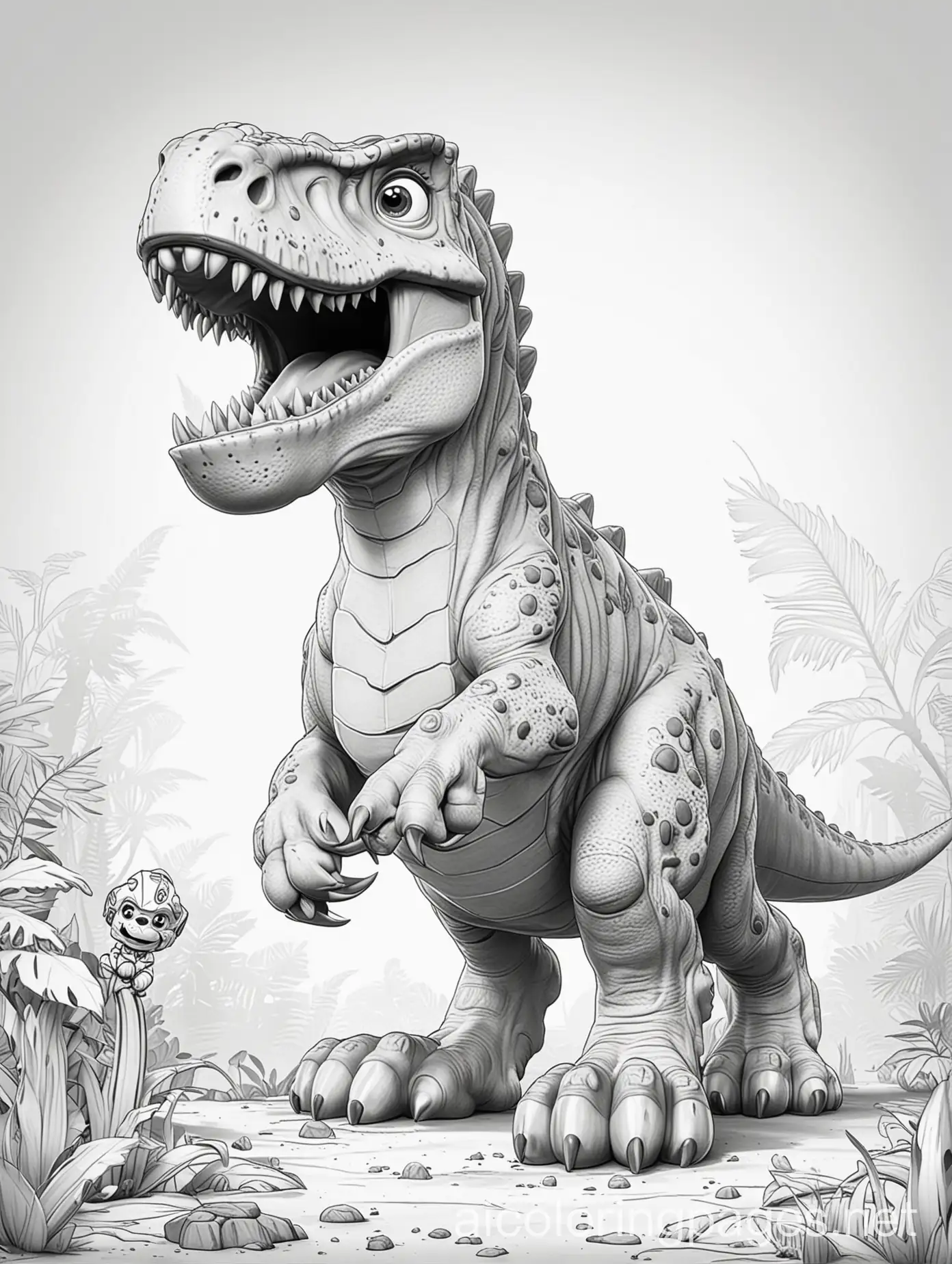 Paw-Patrol-and-Tyrannosaurus-Rex-Coloring-Page-Playful-Adventure-in-Black-and-White
