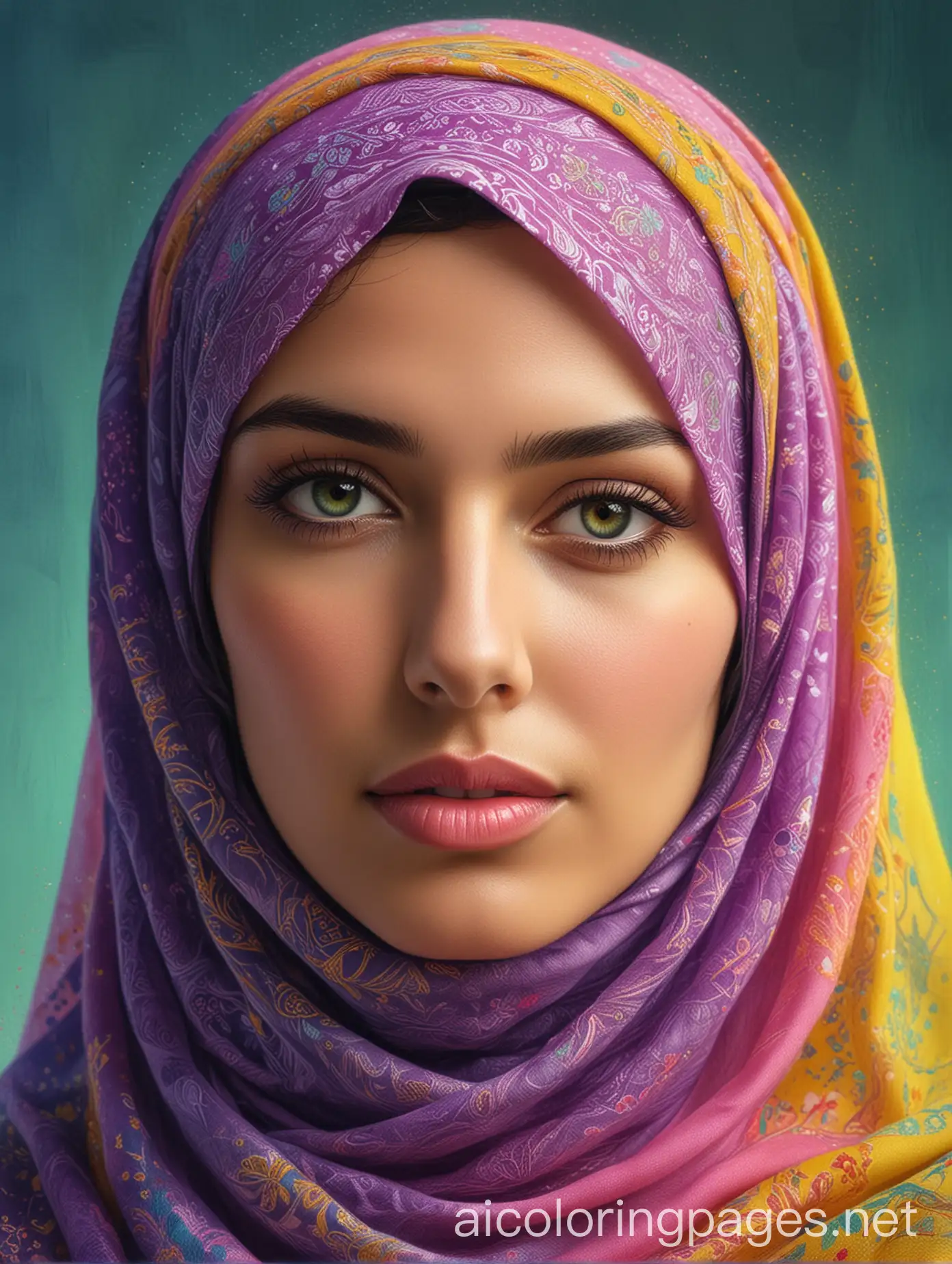 The photo shows a drawing of a woman wearing a hijab. The veil is colored light blue and yellow, and decorated with some other colors such as pink and green. The background of the image contains attractive artistic interference in bright colors, including purple, green, dark blue, and yellow. The drawing is characterized by its digital and artistic nature, giving a sense of modernity and beauty. The facial features are clear and precise, and reflect an artistic and creative touch. , Coloring Page, black and white, line art, white background, Simplicity, Ample White Space. The background of the coloring page is plain white to make it easy for young children to color within the lines. The outlines of all the subjects are easy to distinguish, making it simple for kids to color without too much difficulty