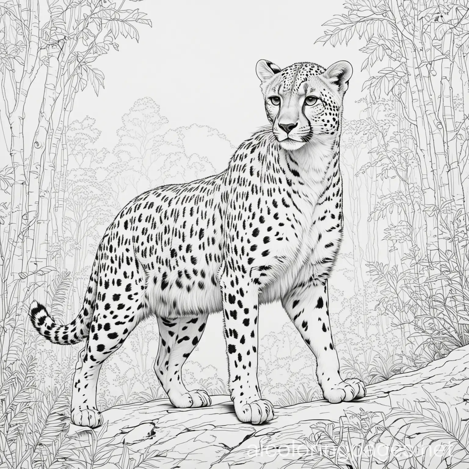 colouring book forest cheetah with action moment, Coloring Page, black and white, line art, white background, Simplicity, Ample White Space. The background of the coloring page is plain white to make it easy for young children to color within the lines. The outlines of all the subjects are easy to distinguish, making it simple for kids to color without too much difficulty, Coloring Page, black and white, line art, white background, Simplicity, Ample White Space. The background of the coloring page is plain white to make it easy for young children to color within the lines. The outlines of all the subjects are easy to distinguish, making it simple for kids to color without too much difficulty
