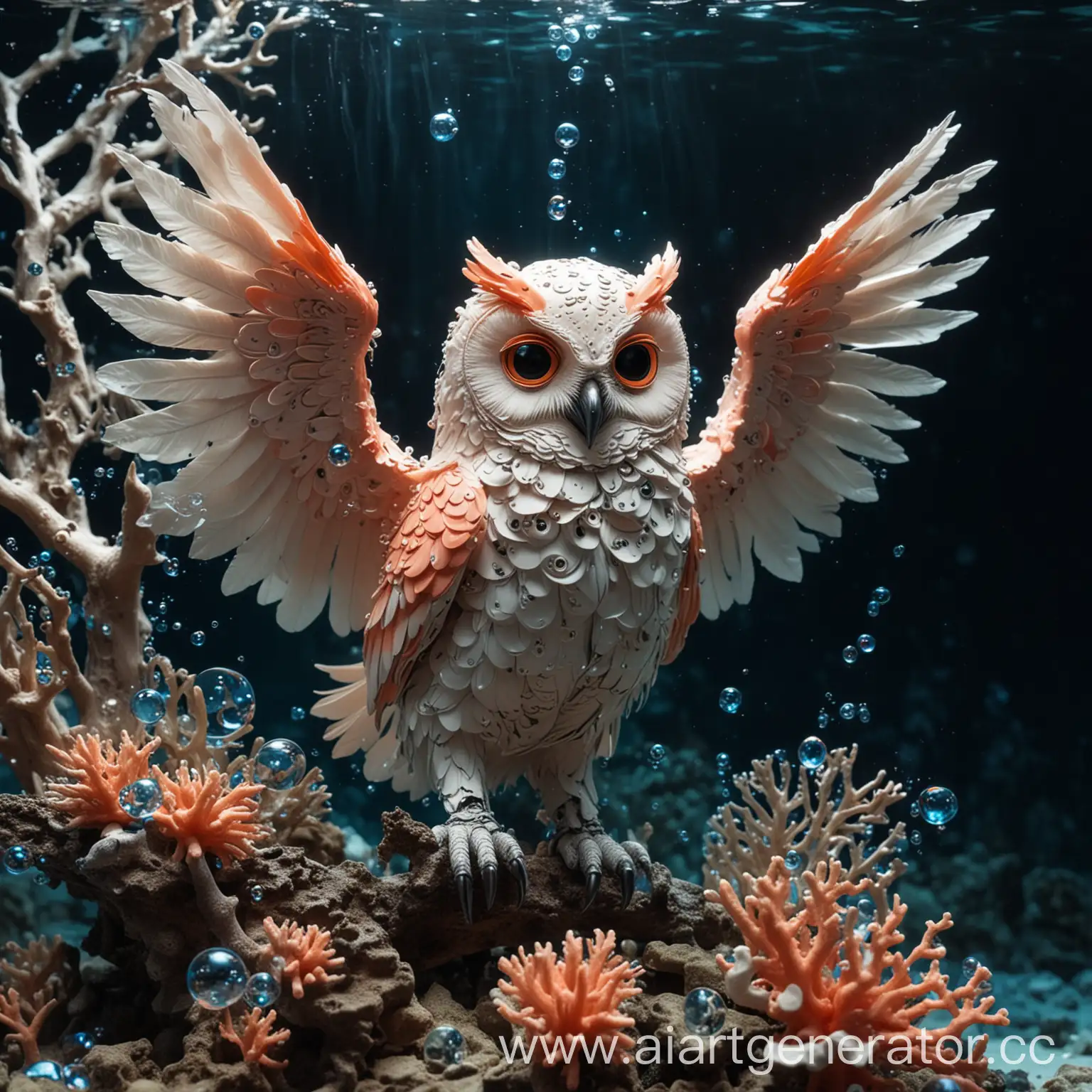 Cyborg-Night-Owl-Sitting-Underwater-on-Coral-Branch