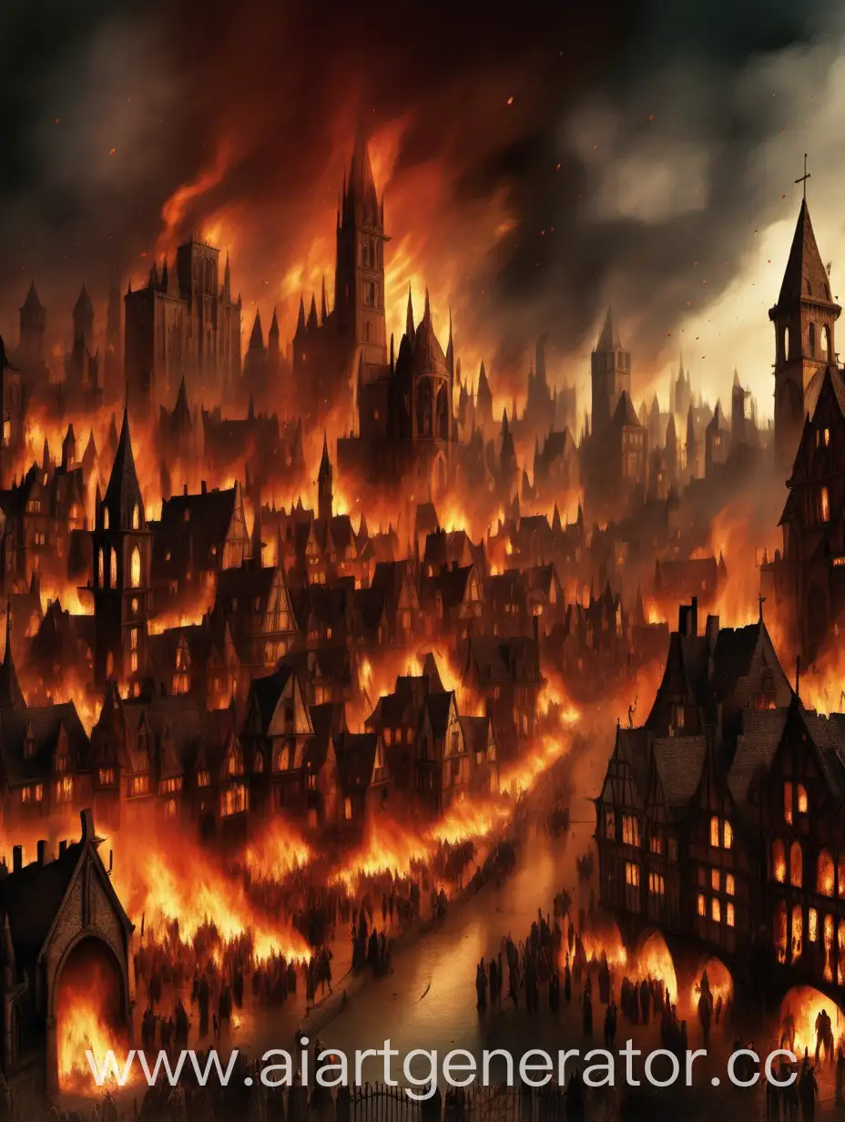 Medieval fantasy city in flames