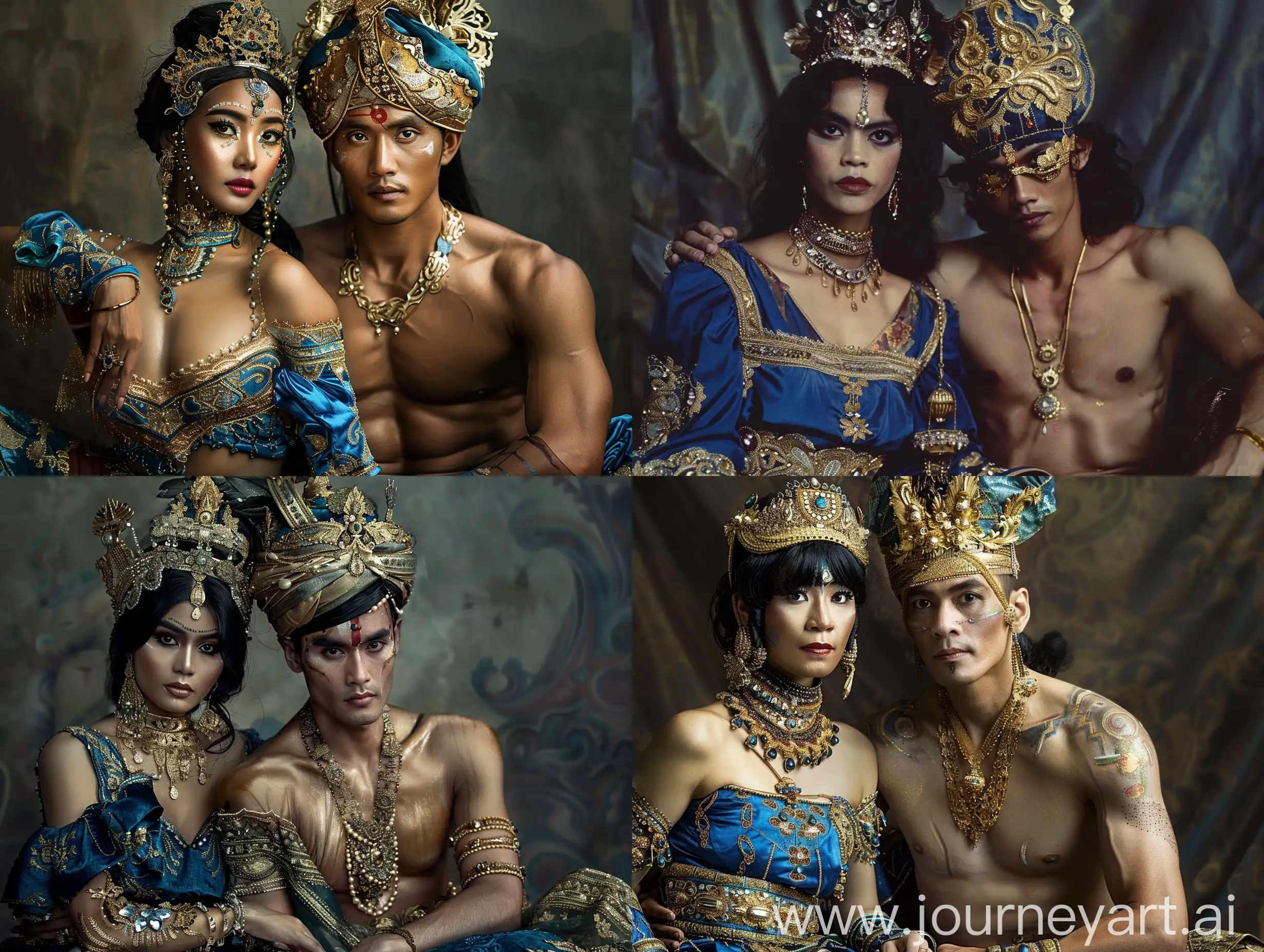 An Indonesian royal man and woman, in ornate costumes sitting together. The woman had black hair and wore a blue dress with gold accents and a crown. The man is shirtless and has a headdress with gold details. They both had elaborate jewelry and makeup.