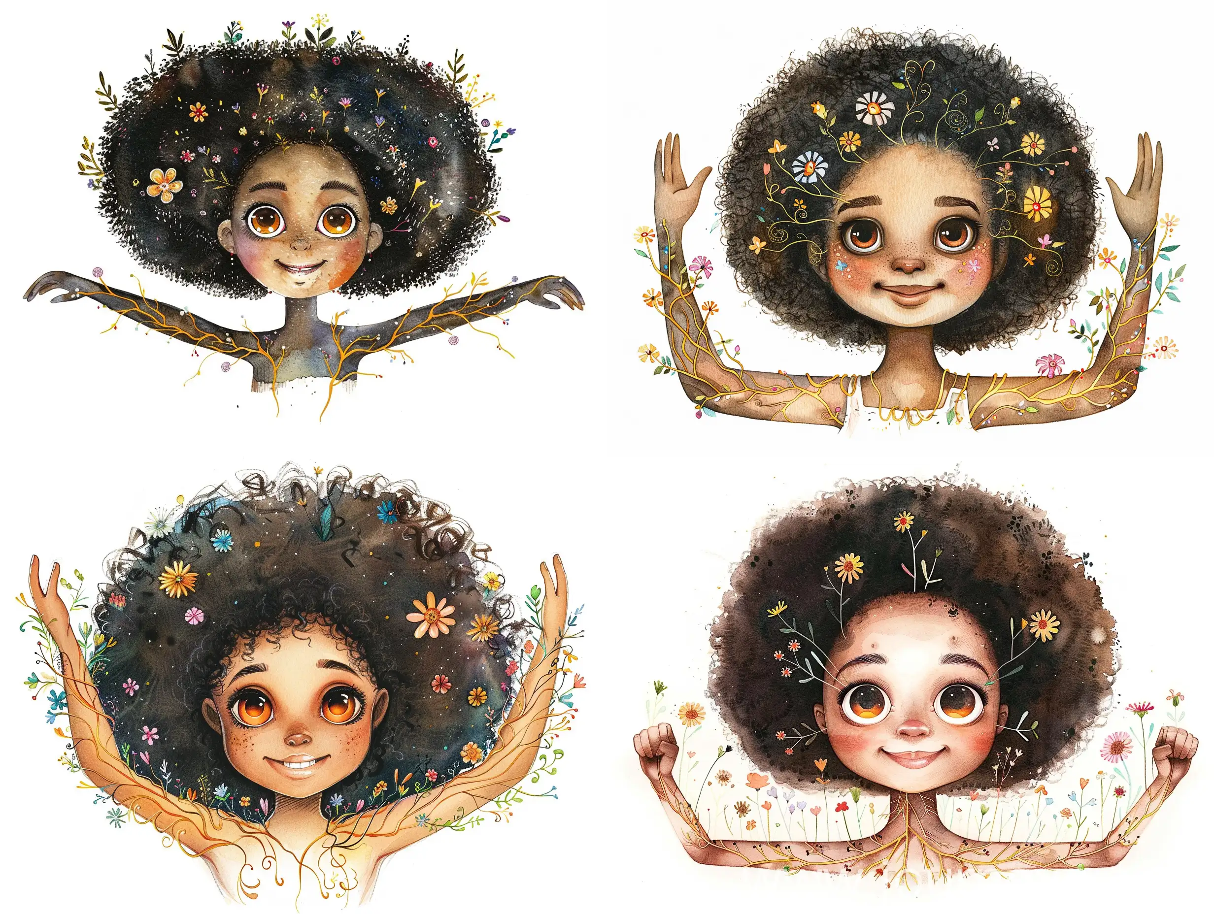 Watercolor illustration of round faced smiling black African girl with large amber eyes and assorted tiny flowers growing out of her natural 4c hair and arms stretched out showing thin golden veins climbing up her arms