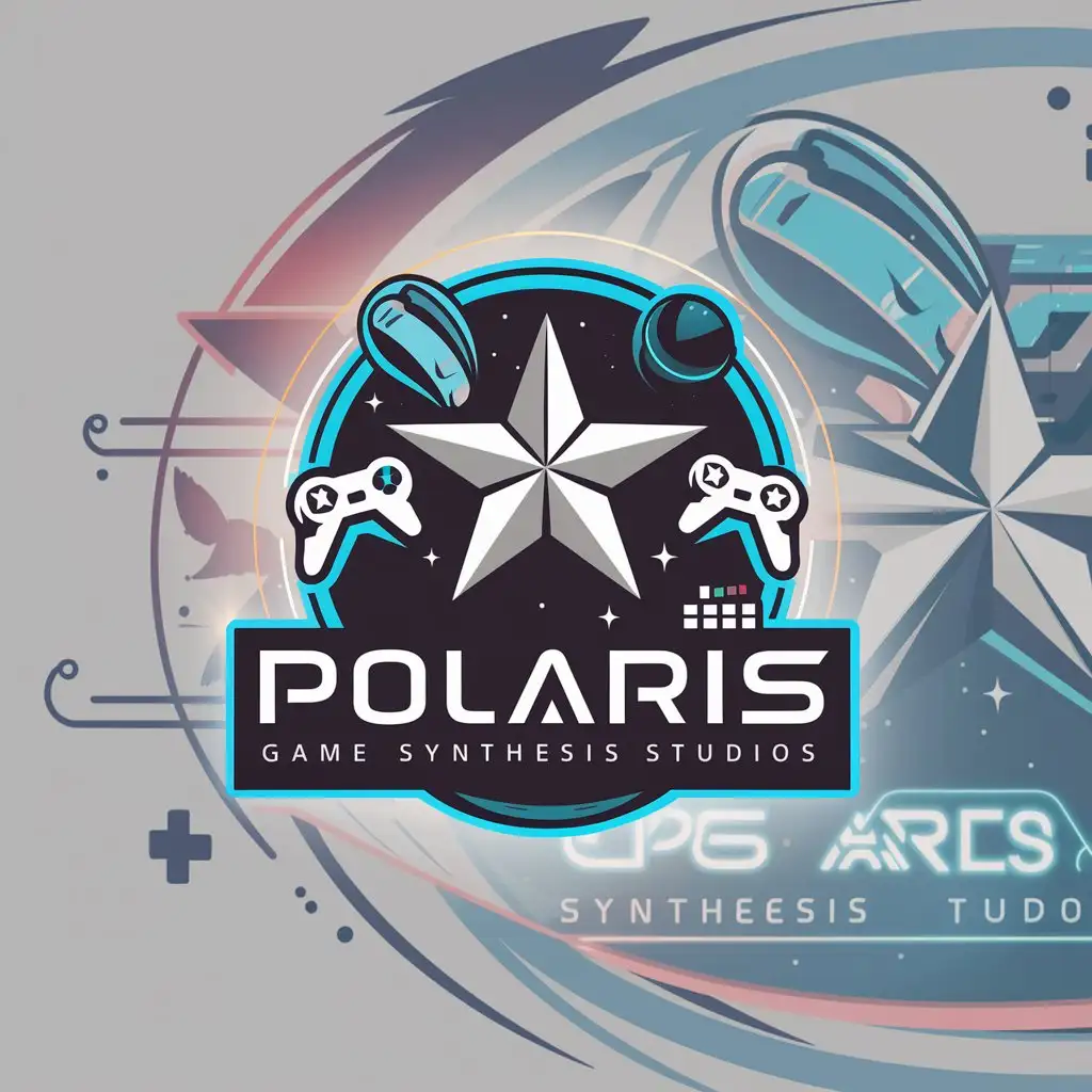a logo design,with the text "Polaris Game Synthesis Studios", main symbol:Polaris,Game Synthesis,Synthwave,neonlight,space,Moderate,clear background