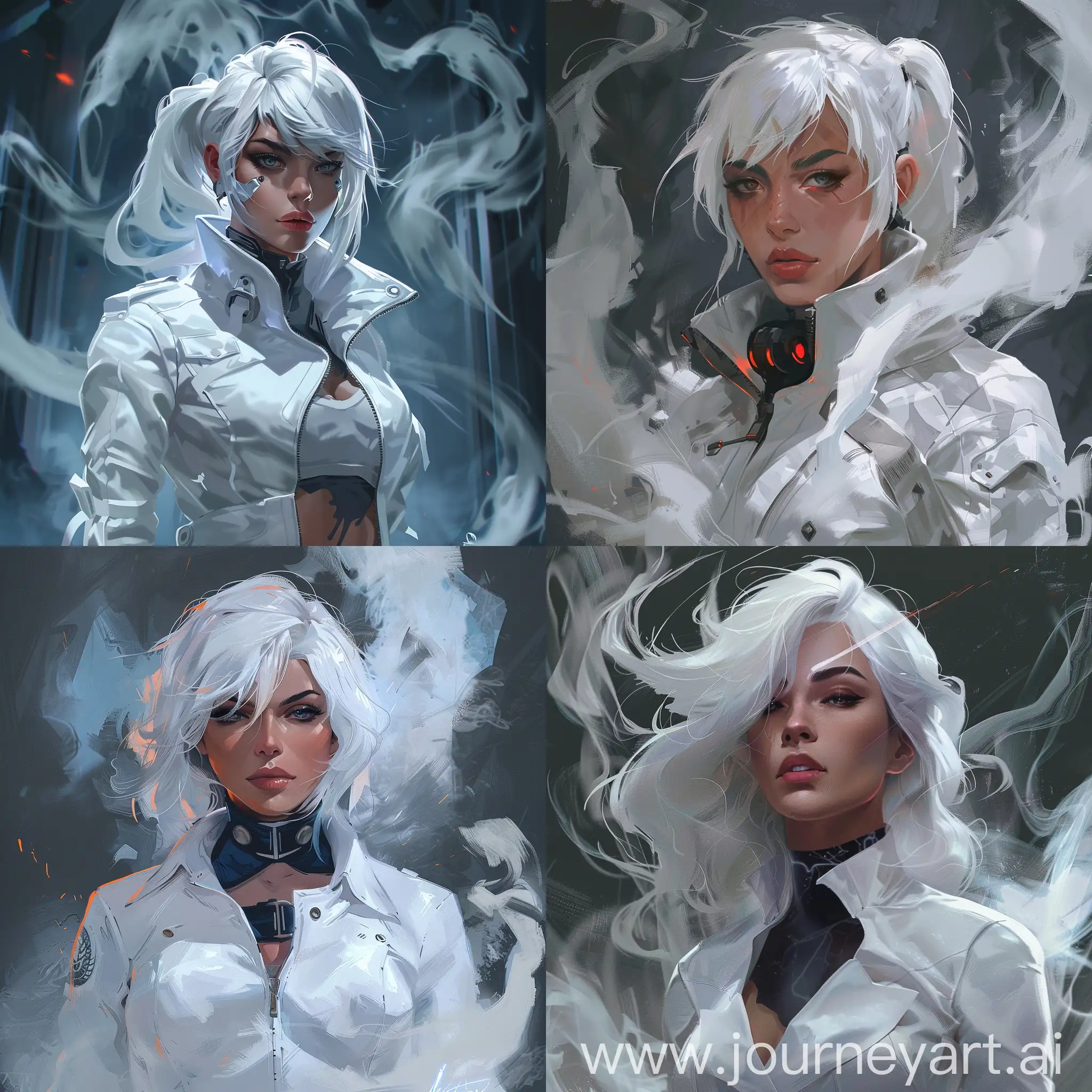 An Agent in the Valorant art style, a woman with white hair with grey bangs, white clothes and a smoke power effect around her