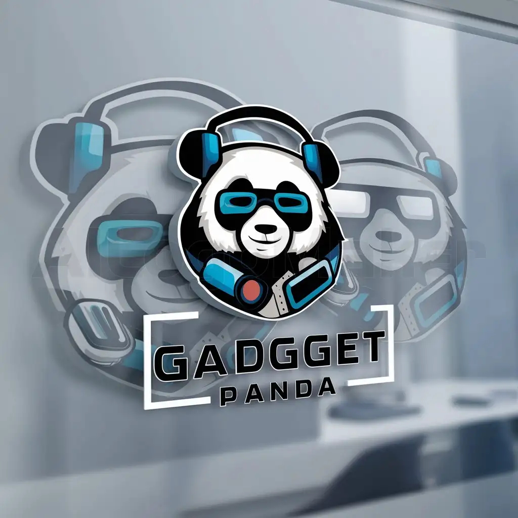 a logo design,with the text "Gadget Panda", main symbol:Show a panda wearing or surrounded by digital accessories like headphones, smartwatches, or VR glasses. This design would depict the panda as a tech-savvy and trendy character, attracting customers interested in the latest gadgets.,complex,be used in Technology industry,clear background