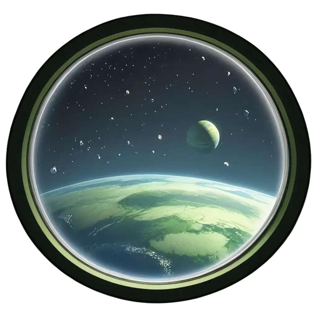 on board a flying saucer looking out the large porthole at the approach of a new solar system with a large green planet