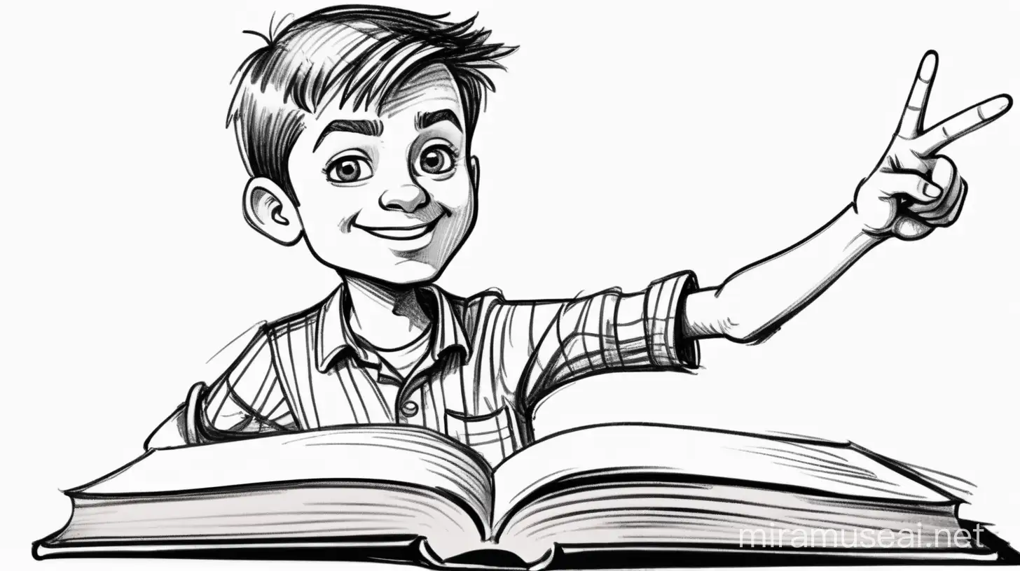 Curious Boy Pointing to Book in Caricature Style Sketch