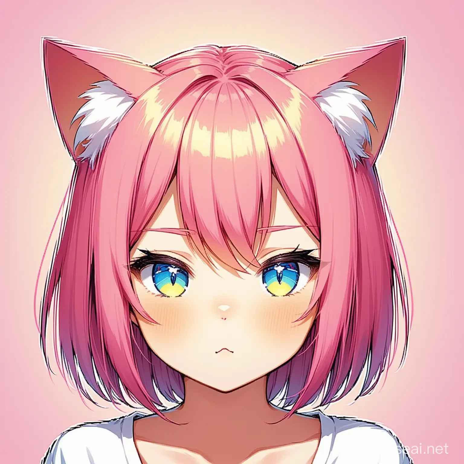 14 year old girl shortish hair pink hair cat ears and cat tail left eye blue right eye yellow