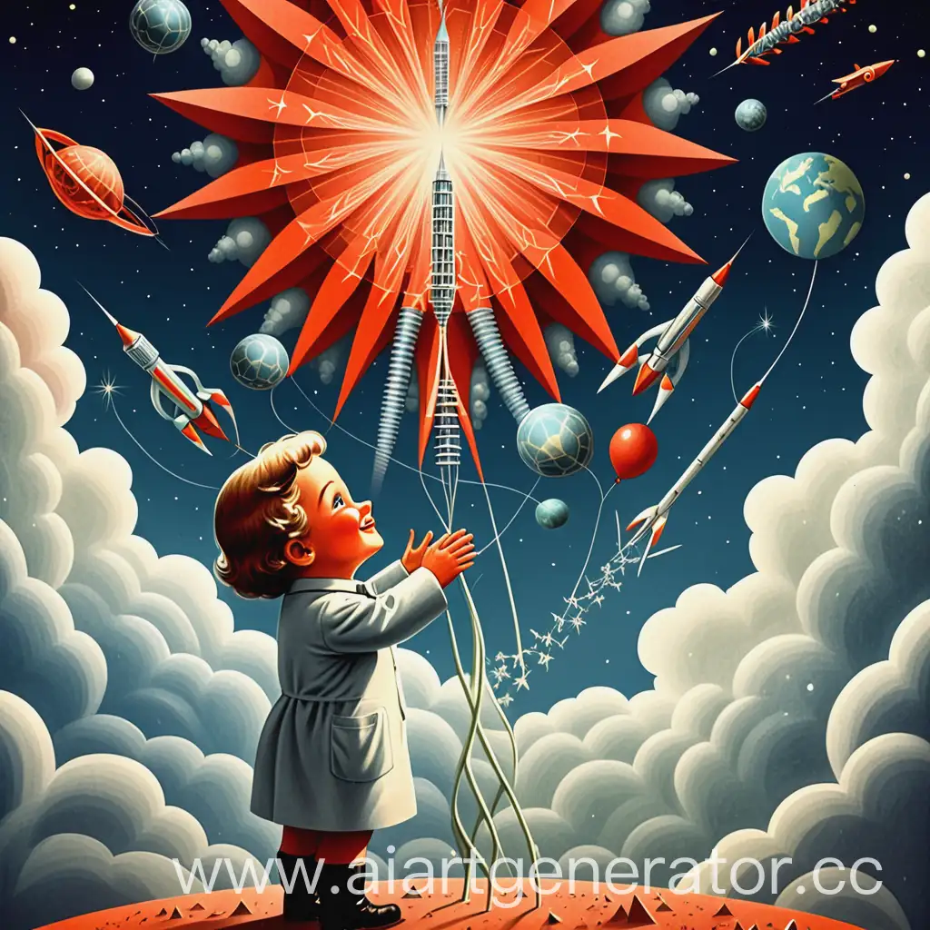 Soviet-Biologist-Scientists-Celebrating-Amidst-Sky-Patterns-and-Fractals