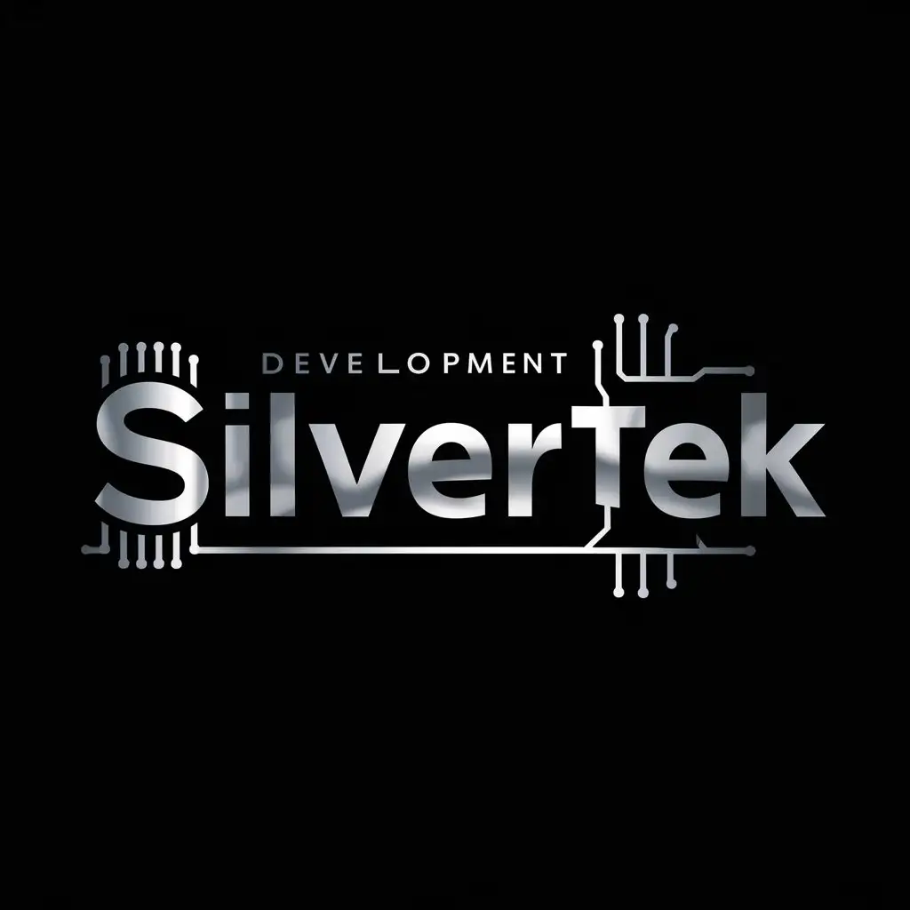 a logo design,with the text "Development, Silvertek", main symbol:modern wordmark logo preferred color silver. the logo should be on a black background,Moderate,clear background