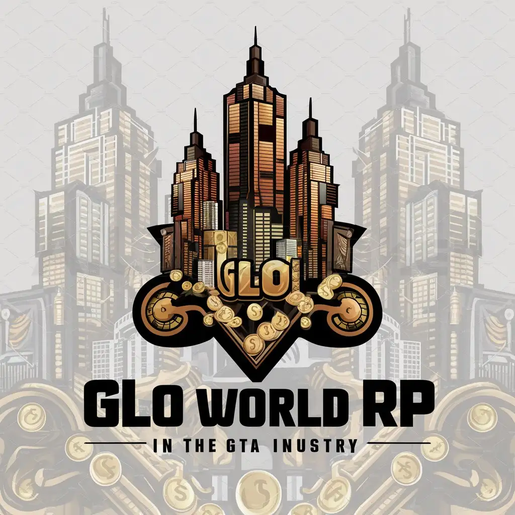 a logo design,with the text "GLO WORLD RP", main symbol:A GTA city that has money behind it,complex,be used in Gta industry,clear background