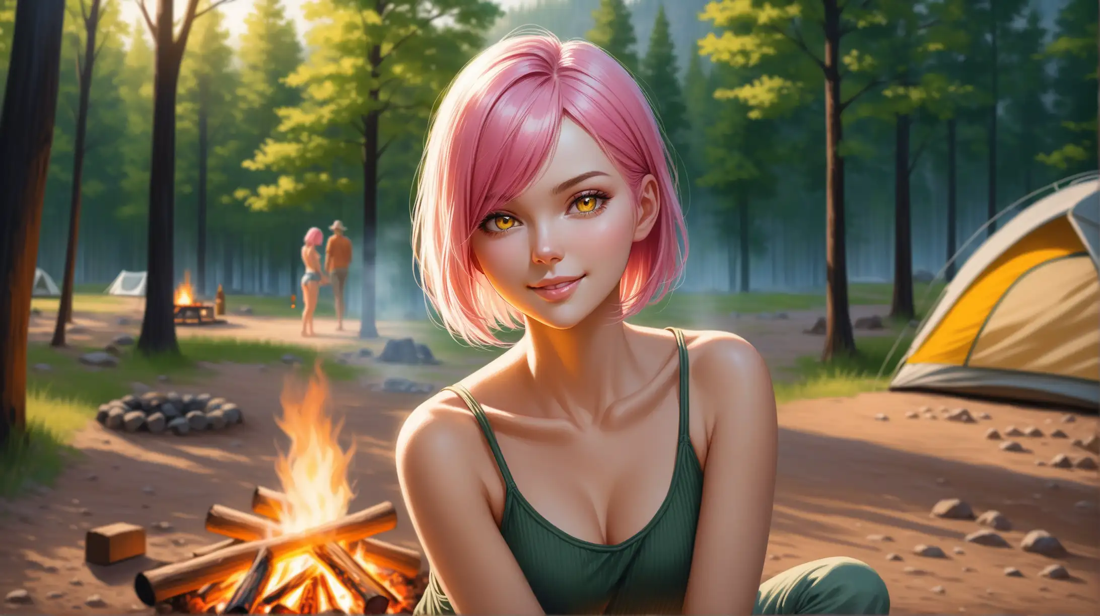 Seductive Summer Campfire Pinkhaired Woman Smiling Outdoors