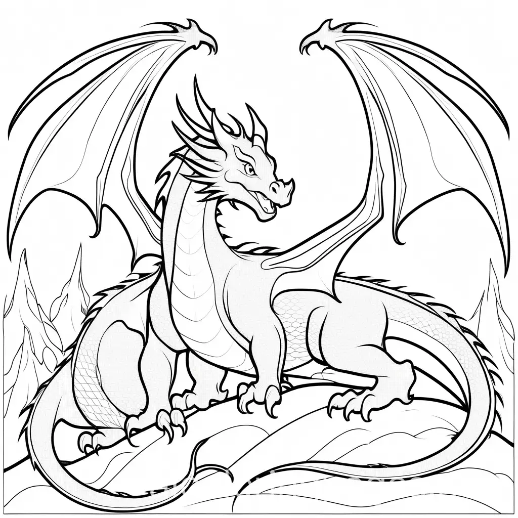 dragons of fire, Coloring Page, black and white, line art, white background, Simplicity, Ample White Space. The background of the coloring page is plain white to make it easy for young children to color within the lines. The outlines of all the subjects are easy to distinguish, making it simple for kids to color without too much difficulty