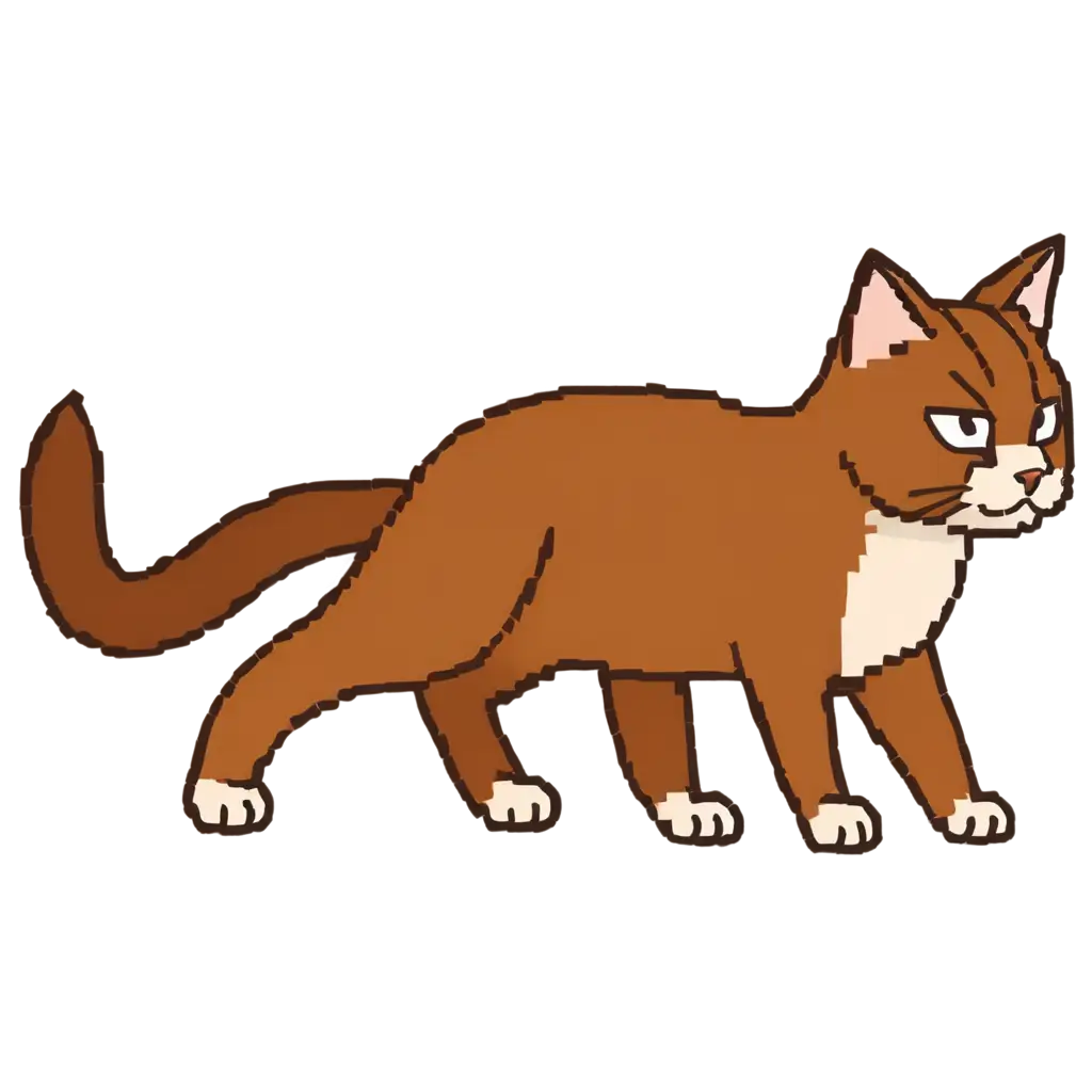 A comic style cat minimalisitc for a small jump and run game. 
The cat should be a bit chubby and brown
Make the image in pixel art and full from the side
