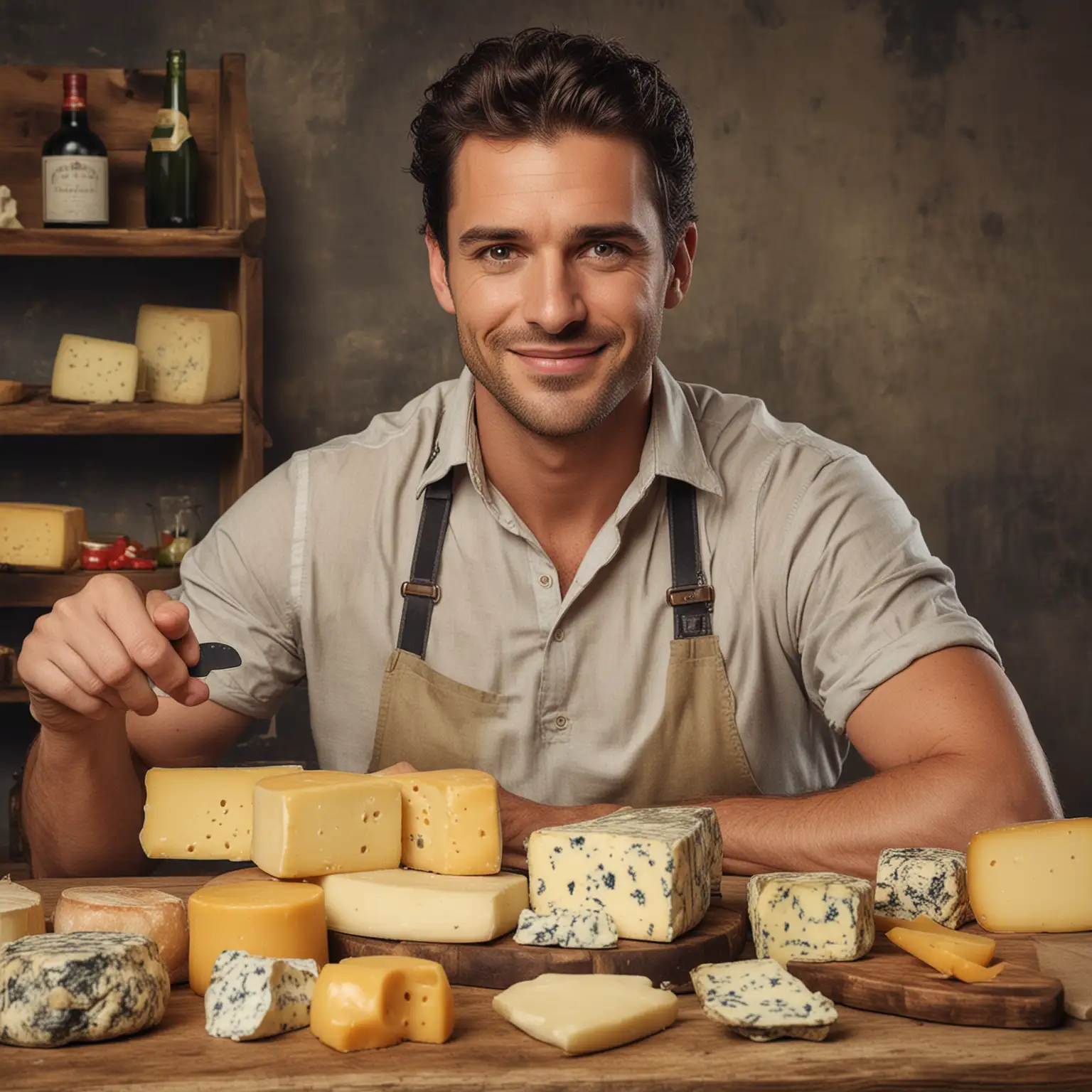 Stylish Man Holding Cheese and Wine in Elegant Setting