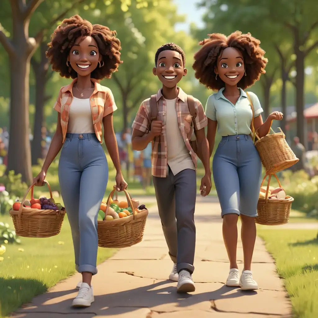 Joyful African American Family Walking to Park with Picnic Baskets