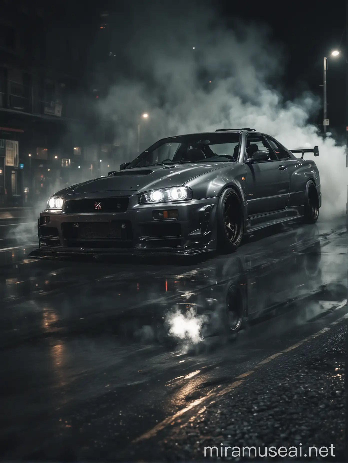  a realistic photo,Side Front view,  Akira Nakai style dark grey Skyline gtr r34, lights on, body kit, Drift Photoshoot, CAMERA HAZE, BLUR, cinematic LUT, HIGH RESOLUTION, real size, Smoke on tires, dynamic move, night street, 8K