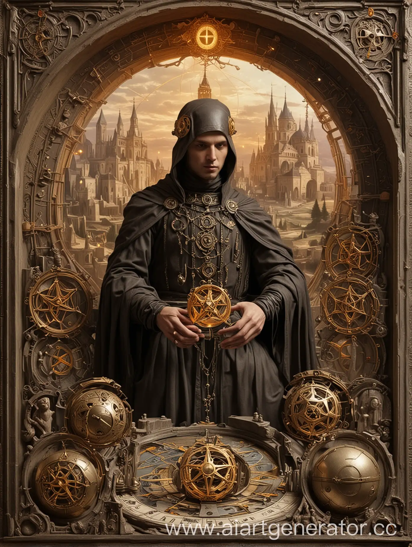tarot: futuristic ai with maximum detail with elements of sexuality, magic - Arcanum Three of Pentacles :A sculptor at his work in a monastery. Compare the design which illustrates the Eight of Pentacles. The apprentice or amateur therein has received his reward and is now at work in earnest.