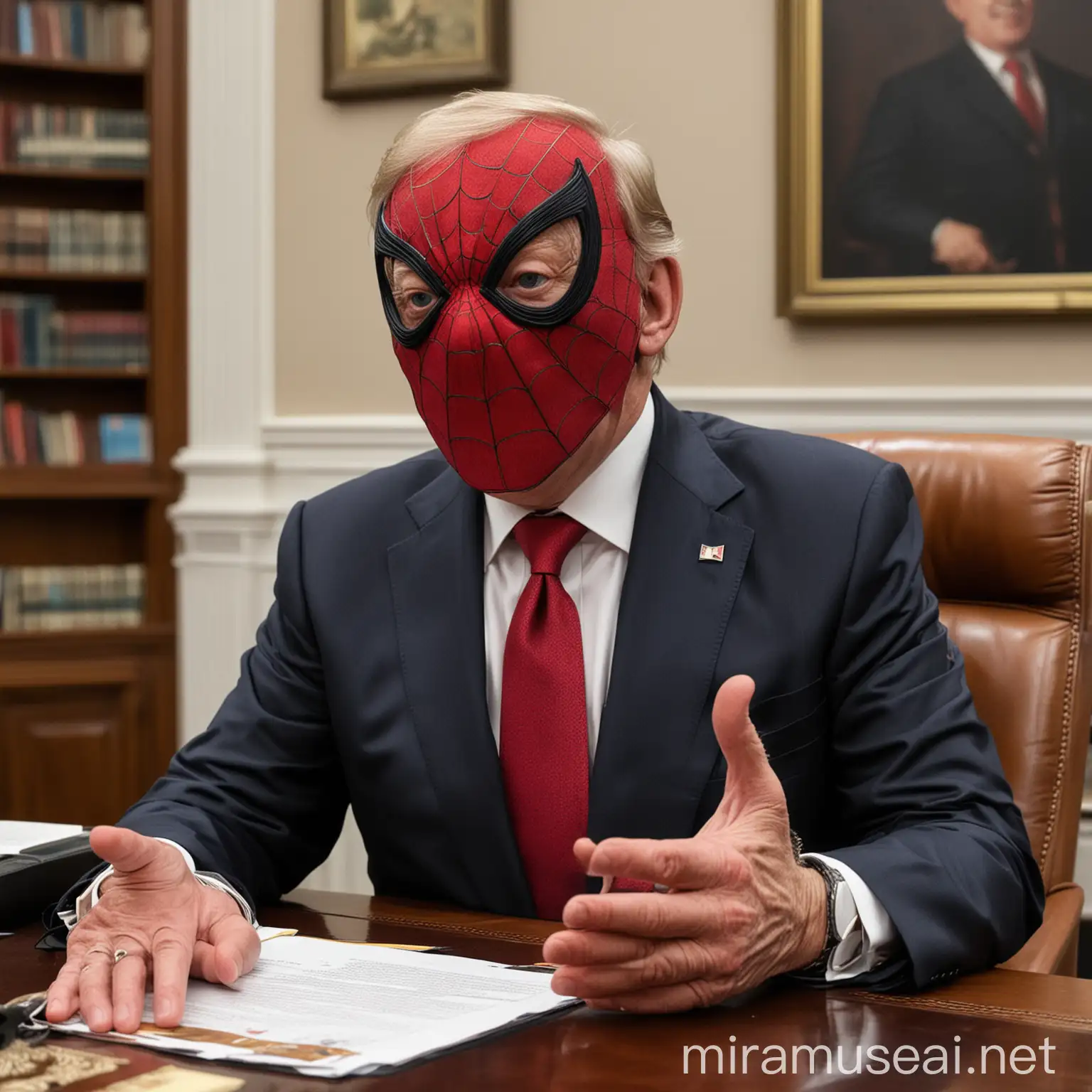 Country President in SpiderMan Mask at Office Desk
