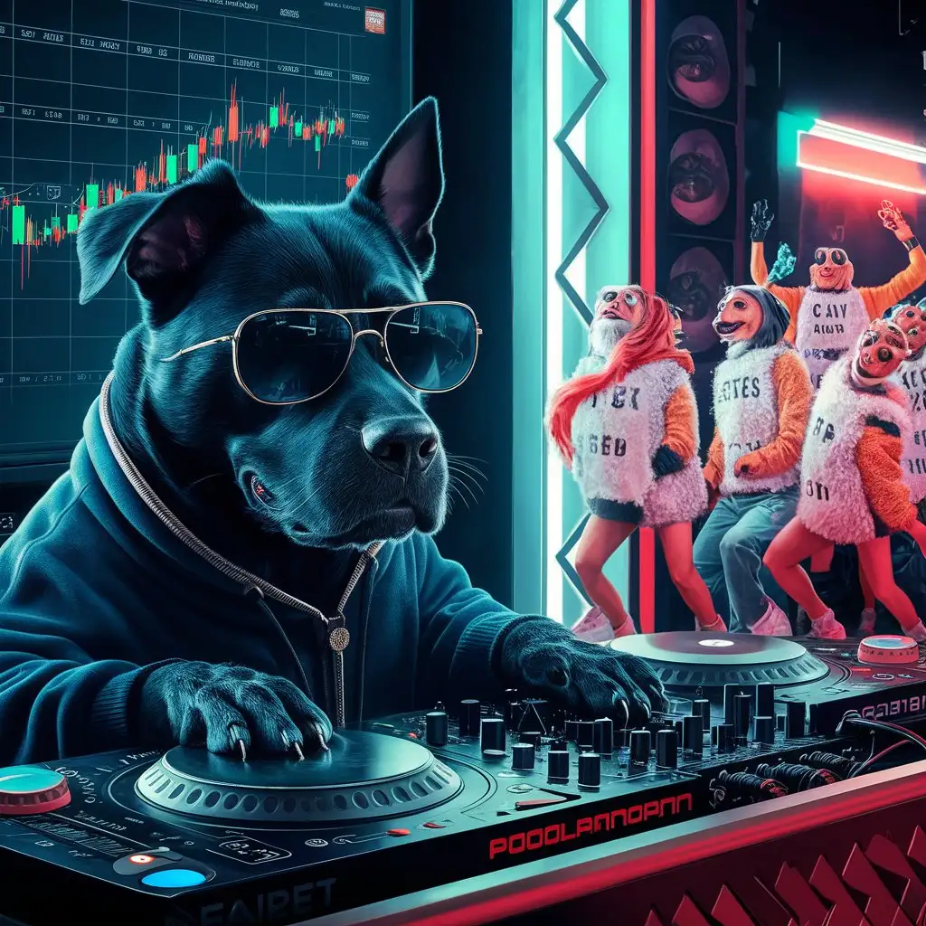 черный пёс диджей в  тёмных очках смотрит на график торгов биржи и сидит за пультом с микрофоном и рядом танцуют в стиле мема
