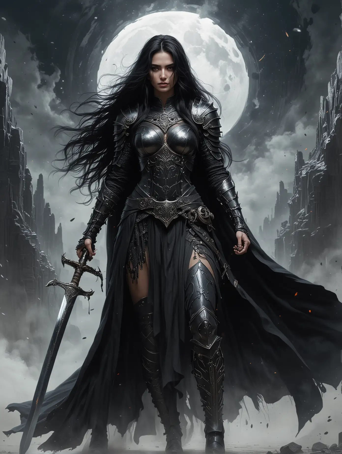 На фоне черной дыры стоит в полный рост красивая женщина воин, она жрица, на глазах  женщины железная маска, в руке у нее большой меч. У женщины длинные черные волосы. На женщине одежда с доспехами черного цвета, которая развивается на ветру.