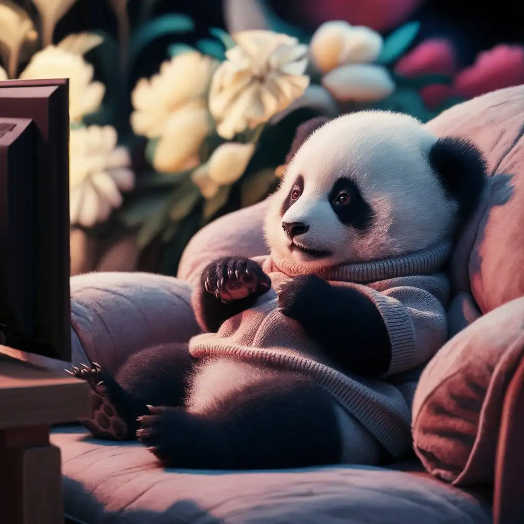 Baby panda, sitting on the sofa watching TV, very cute, high contrast, beautiful colors, comfortable and warm