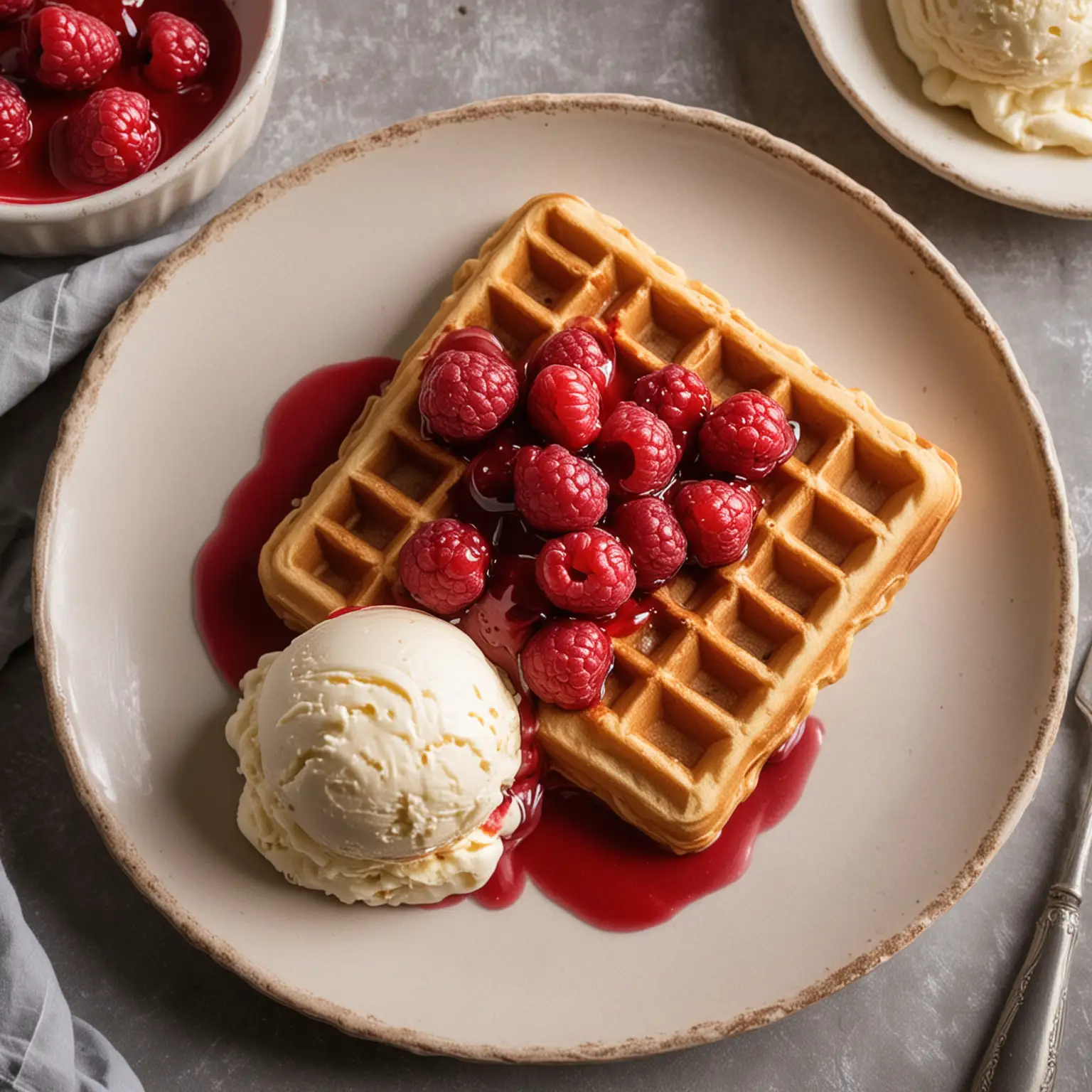 Delicious-Belgian-Waffle-with-Ice-Cream-and-Raspberry-Sauce