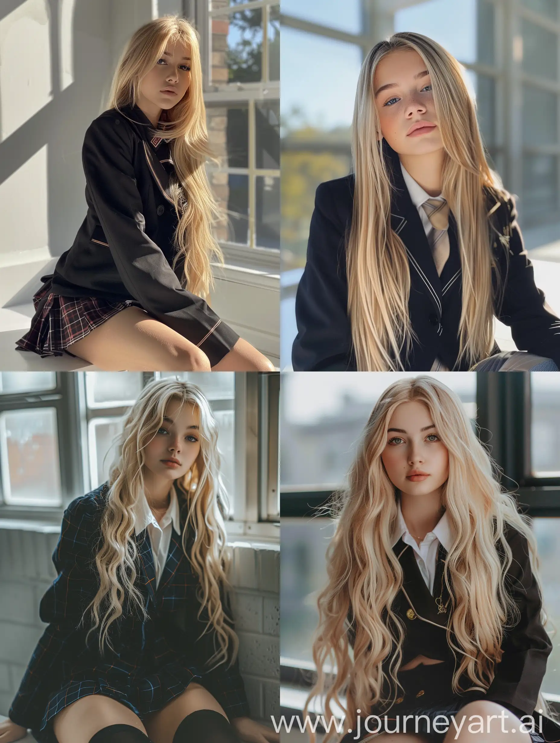1 girl, long blond hair, 18 years old, influencer, beauty,   in the school, school uniform, makeup, , fullbody, fitness, sitting, , , down view