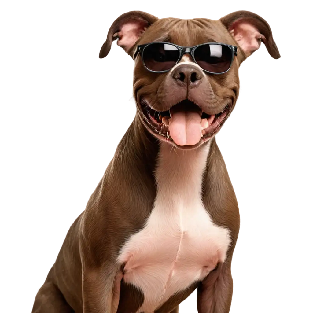 Create a realistic painting of a pitbull in a good mood. The pitbull should be wearing sunglasses and smiling, yet still maintaining its tough and formidable demeanor. The image should have a transparent background.