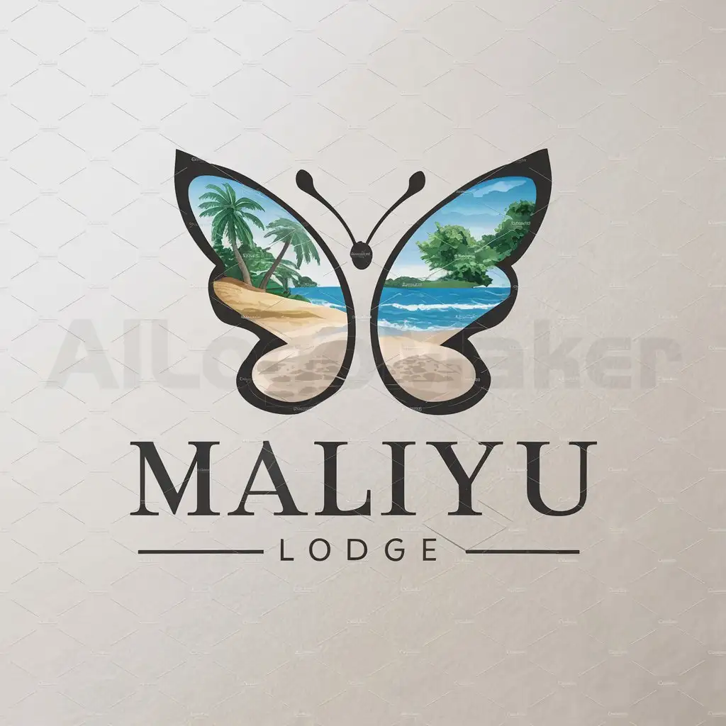 a logo design,with the text "MALIYU LODGE", main symbol:butterfly guadeloupe beach palm tree housing,complex,clear background