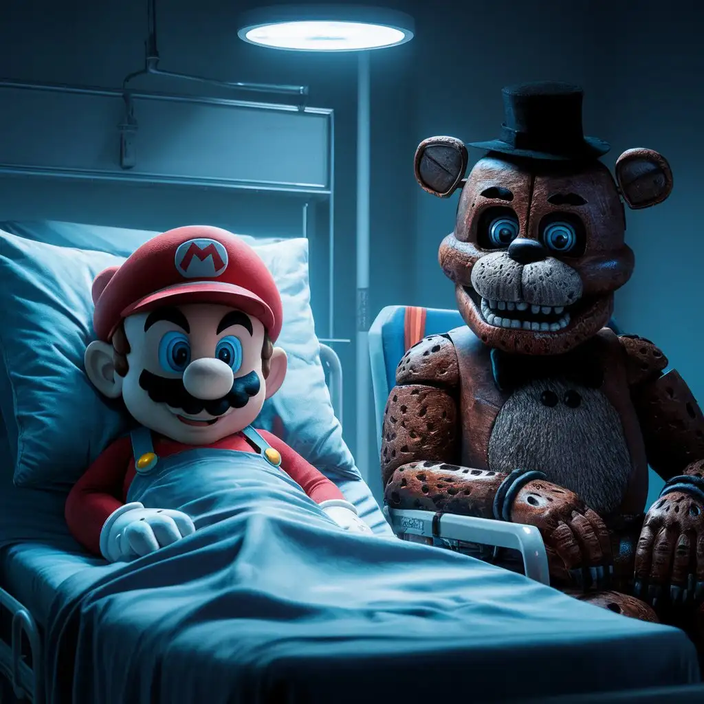 While Mario is laying in the hospital bed Freddy Fazbear sits in a chair next to him