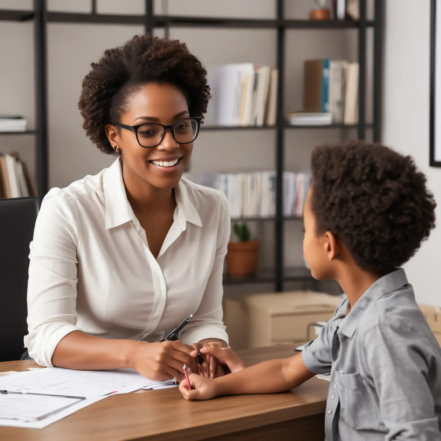 black female psychologist conducting testing with child in an office.
