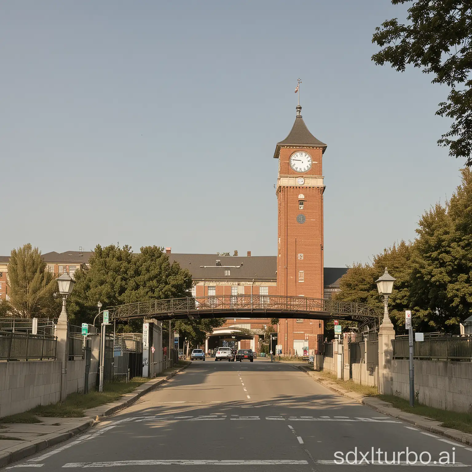 A large clock tower is at the school gate, with the junior high school on the left and the elementary school on the right, connected by a bridge in the middle.