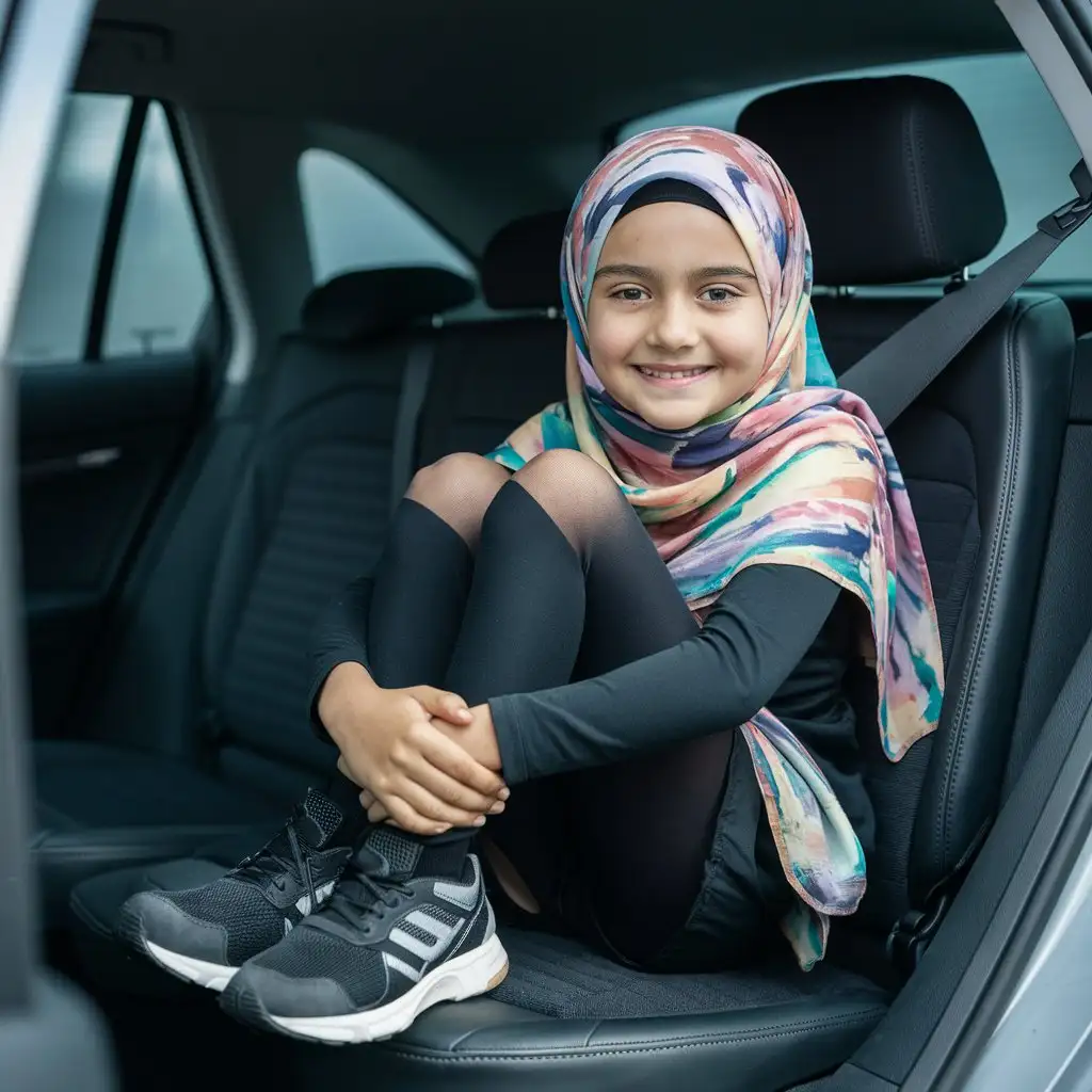 A little girl, 12 years old, hijab, sport shoes, black opaque tights, in car, crossed legs
