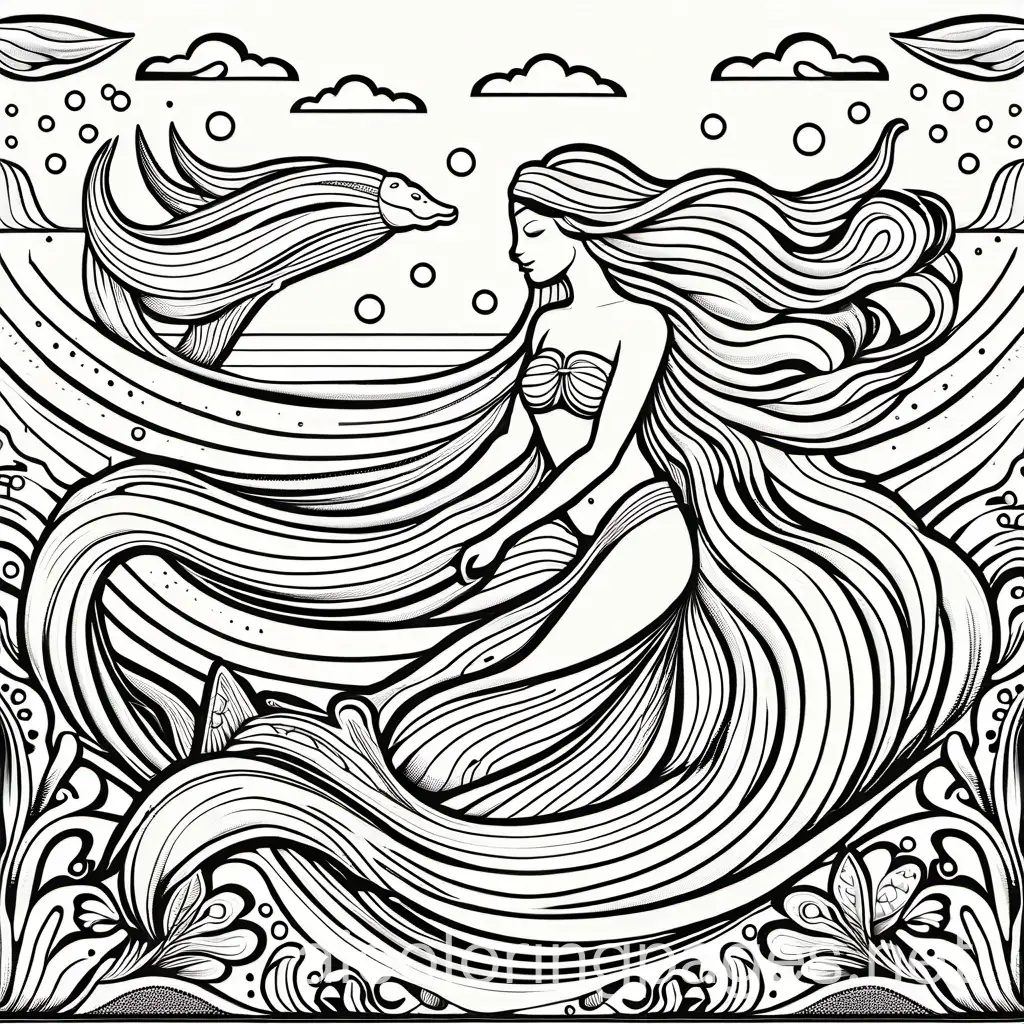   sea-dwelling creature with the upper body of a mermaid and the lower body of a minotaur, black and white coloring page, Coloring Page, black and white, line art, white background, Simplicity, Ample White Space. The background of the coloring page is plain white to make it easy for young children to color within the lines. The outlines of all the subjects are easy to distinguish, making it simple for kids to color without too much difficulty