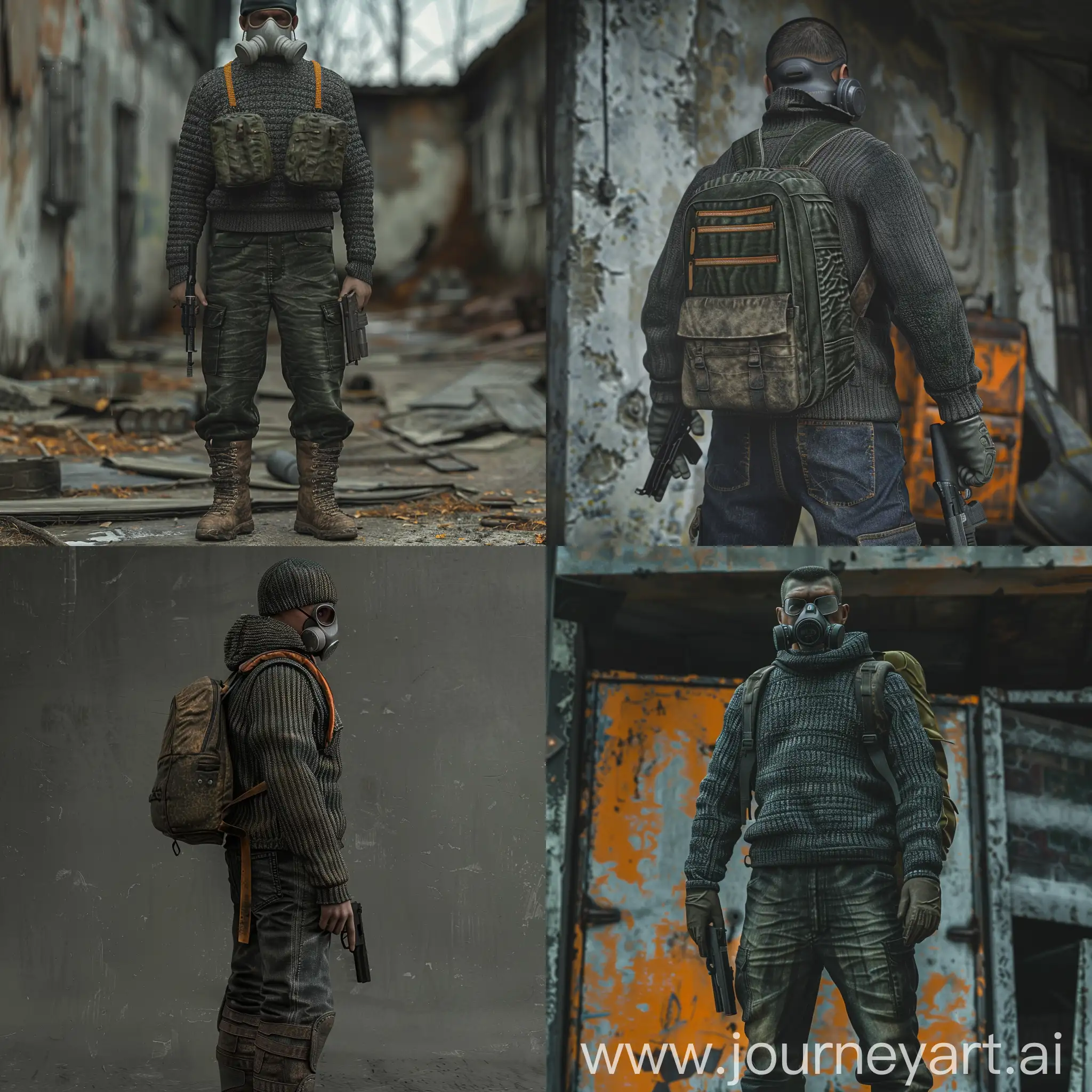 The stalker is a newcomer in the zone, a gas mask on his face, an old Soviet unloading on his body, old dirty jeans, an old dirty Soviet gray sweater is wearing on him, military boots on his feet, an old Soviet backpack on his back and a PM pistol on the hand.