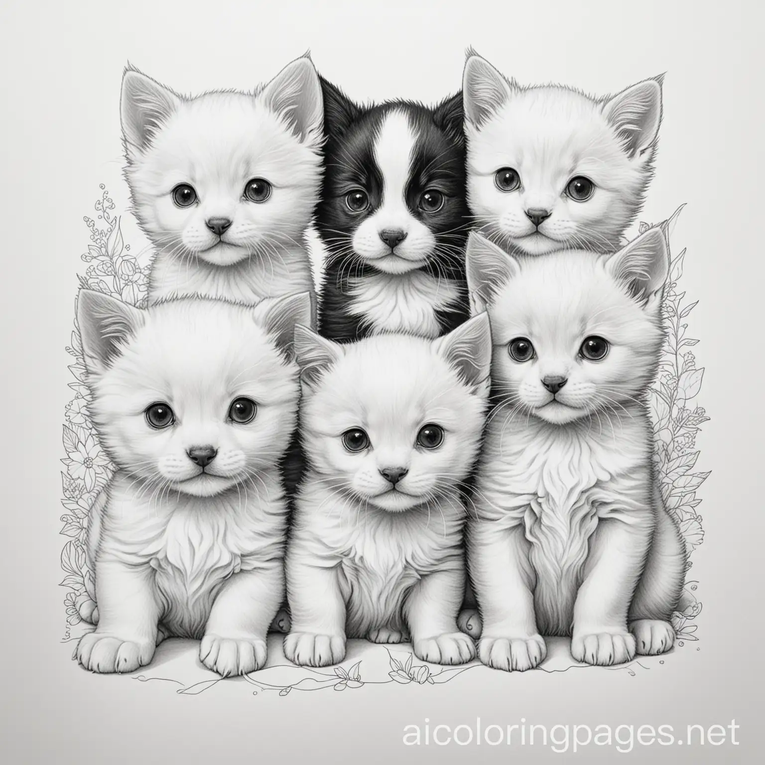 coloring of puppies and kittens, Coloring Page, black and white, line art, white background, Simplicity, Ample White Space. The background of the coloring page is plain white to make it easy for young children to color within the lines. The outlines of all the subjects are easy to distinguish, making it simple for kids to color without too much difficulty