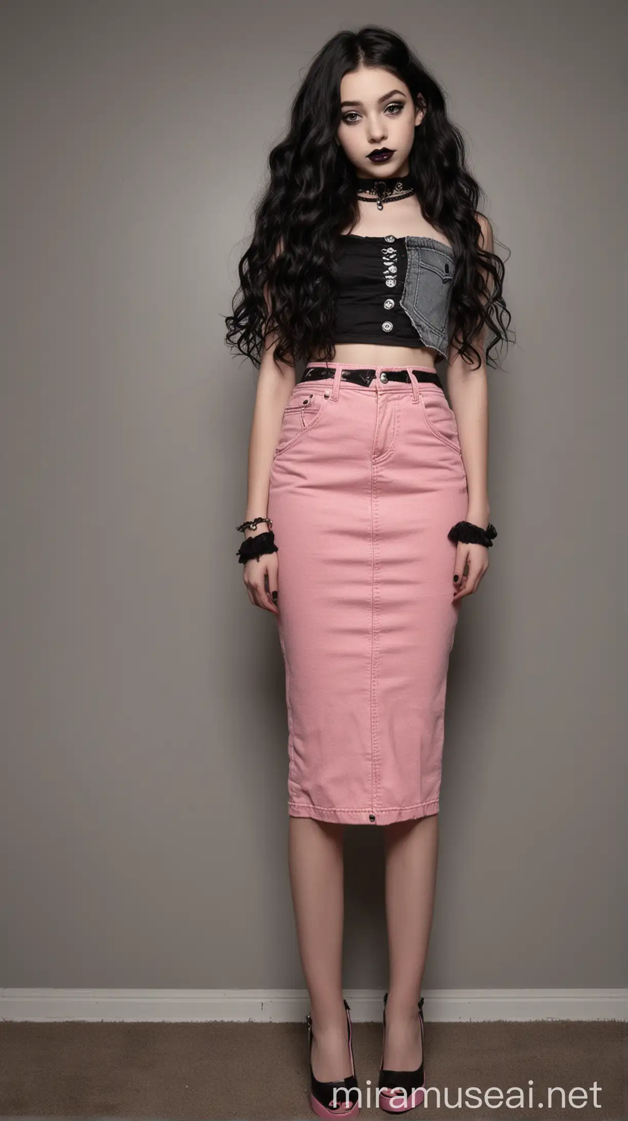 Gothic Teen in Pink Denim Skirt and High Heels in Empty Grey Room