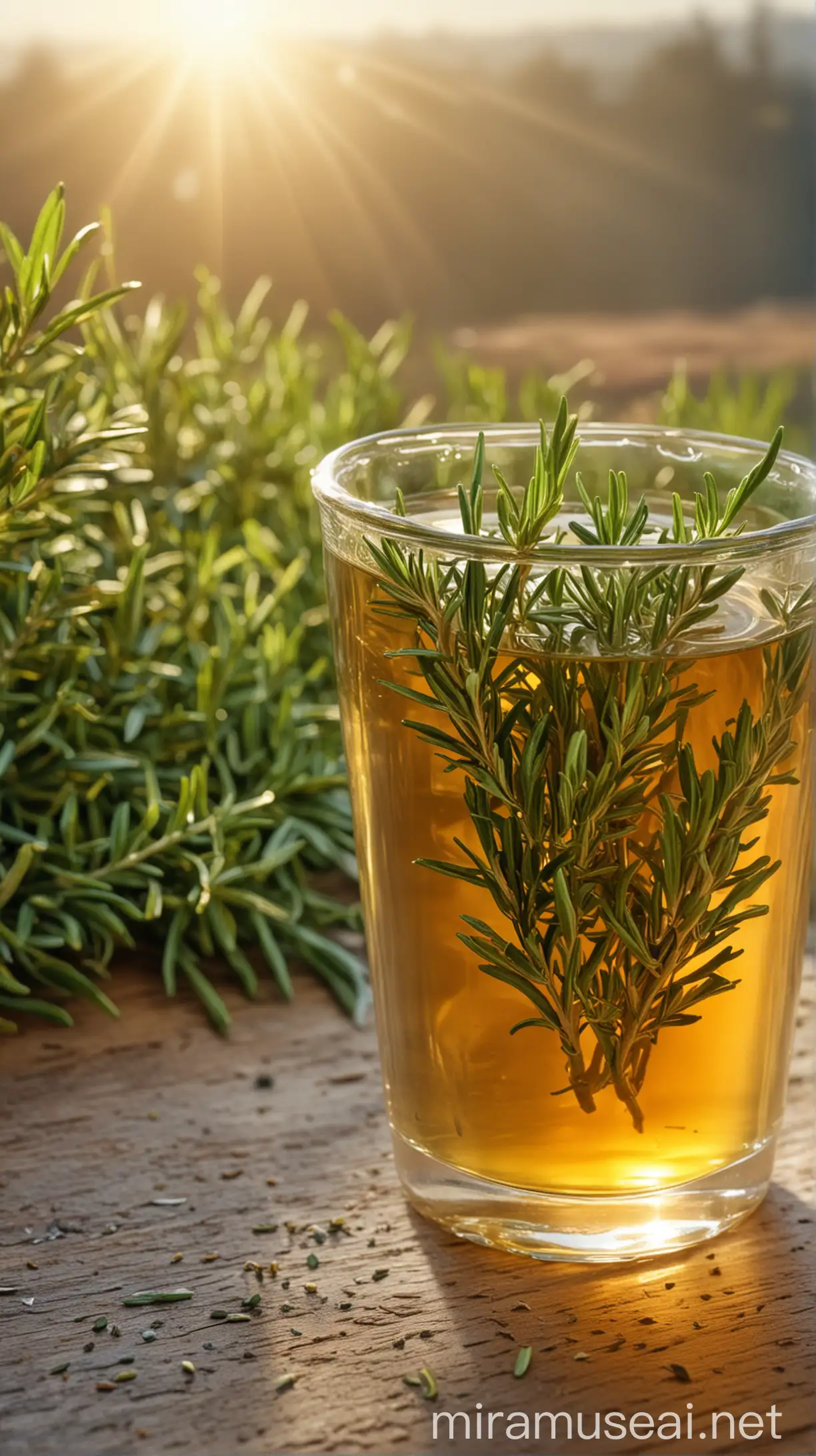 rosemary Tea and in background rosemary Tea, natural background, sun light effect, 4k, HDR, morning time weather