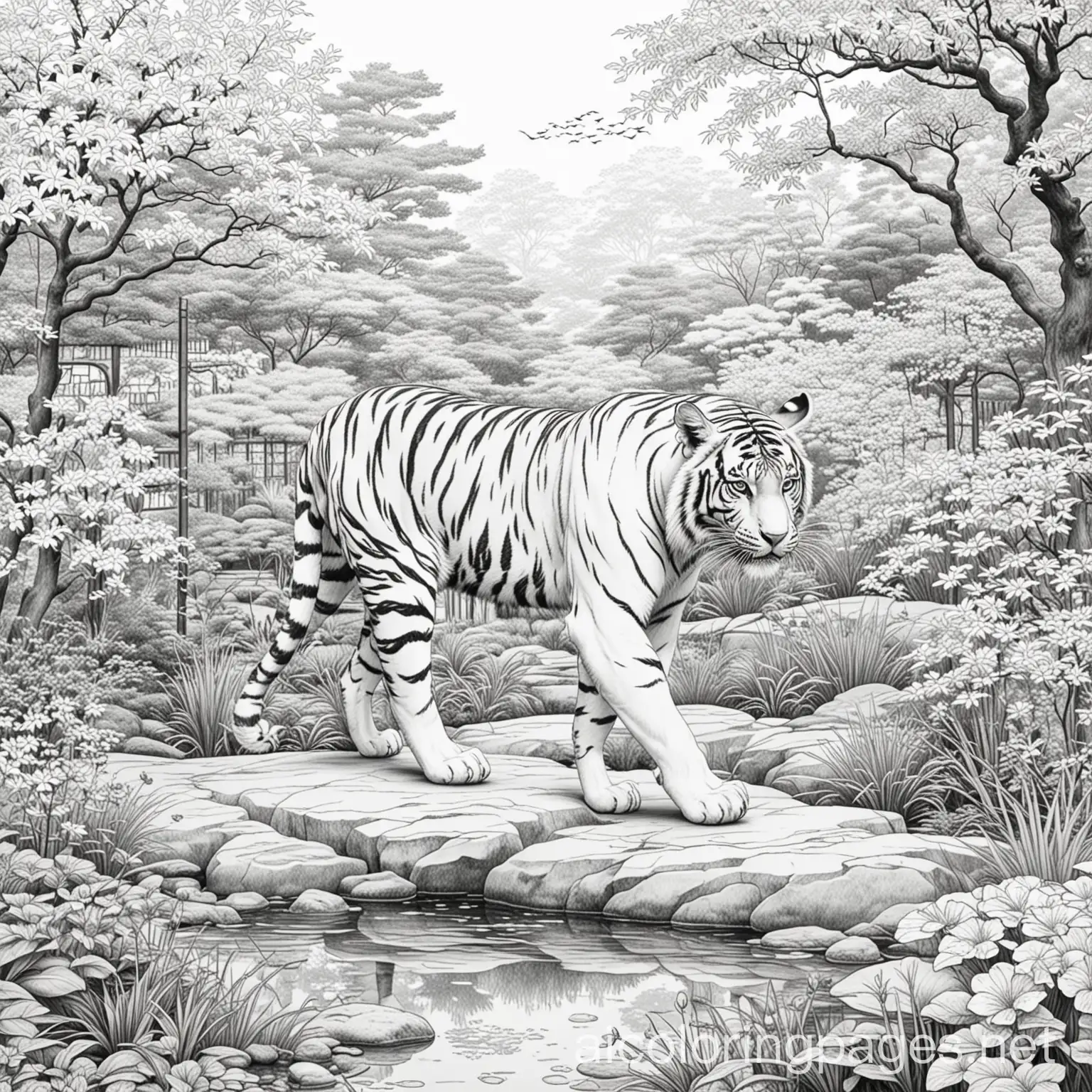 tiger in a japanese garden, Coloring Page, black and white, line art, white background, Simplicity, Ample White Space. The background of the coloring page is plain white to make it easy for young children to color within the lines. The outlines of all the subjects are easy to distinguish, making it simple for kids to color without too much difficulty